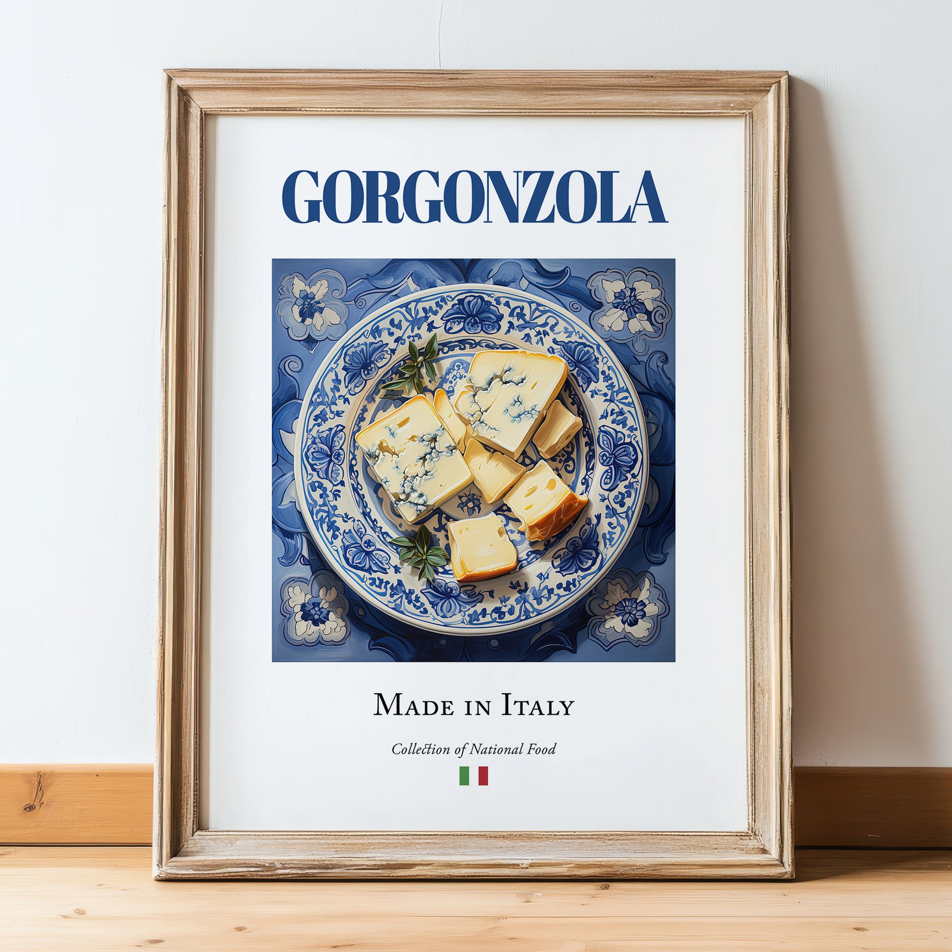 Gorgonzola – Italian Cheese Dish, Farmhouse Kitchen Print, in wooden frame leaning on the floor