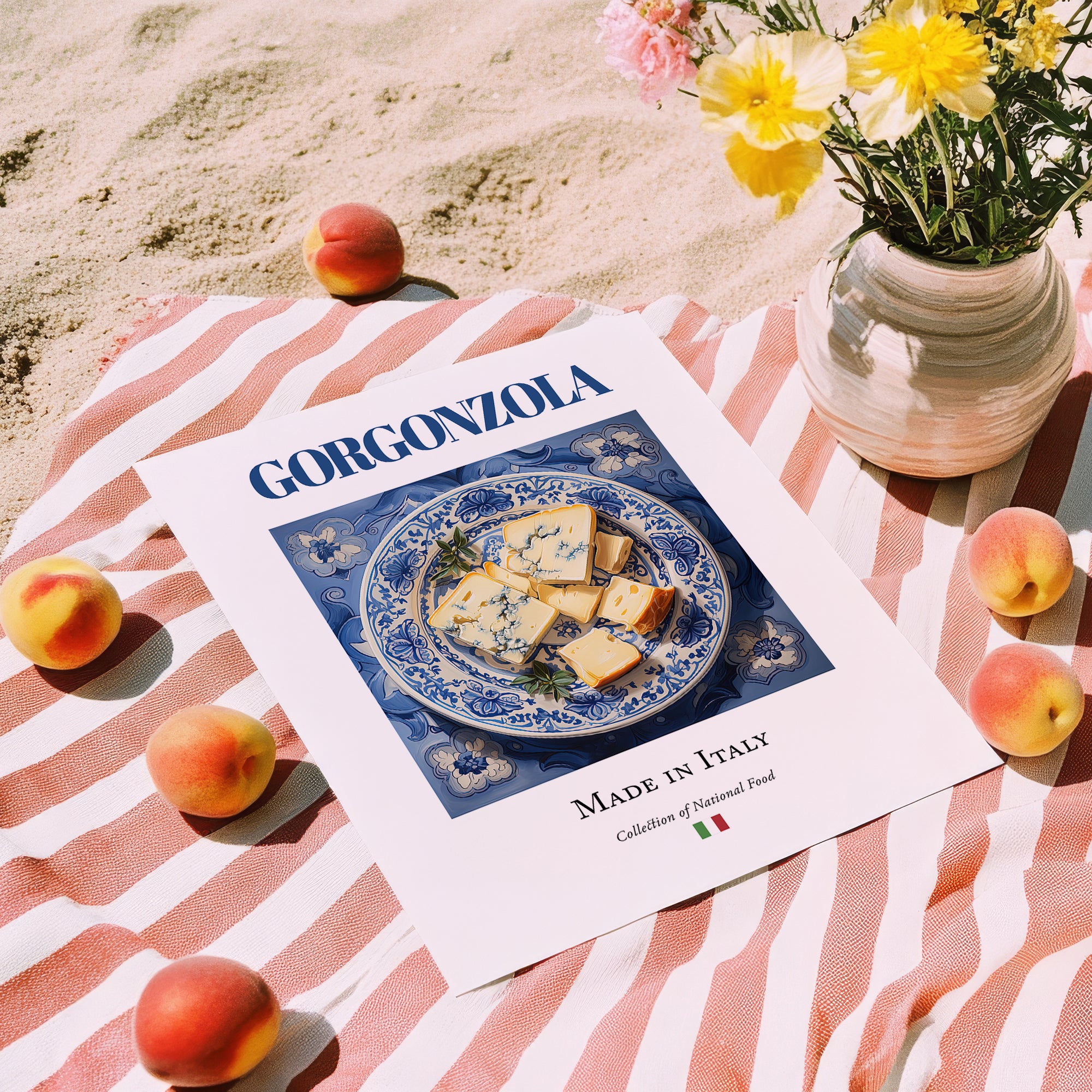 Gorgonzola – Italian Cheese Dish, Farmhouse Kitchen Print, unframed on coastal sand