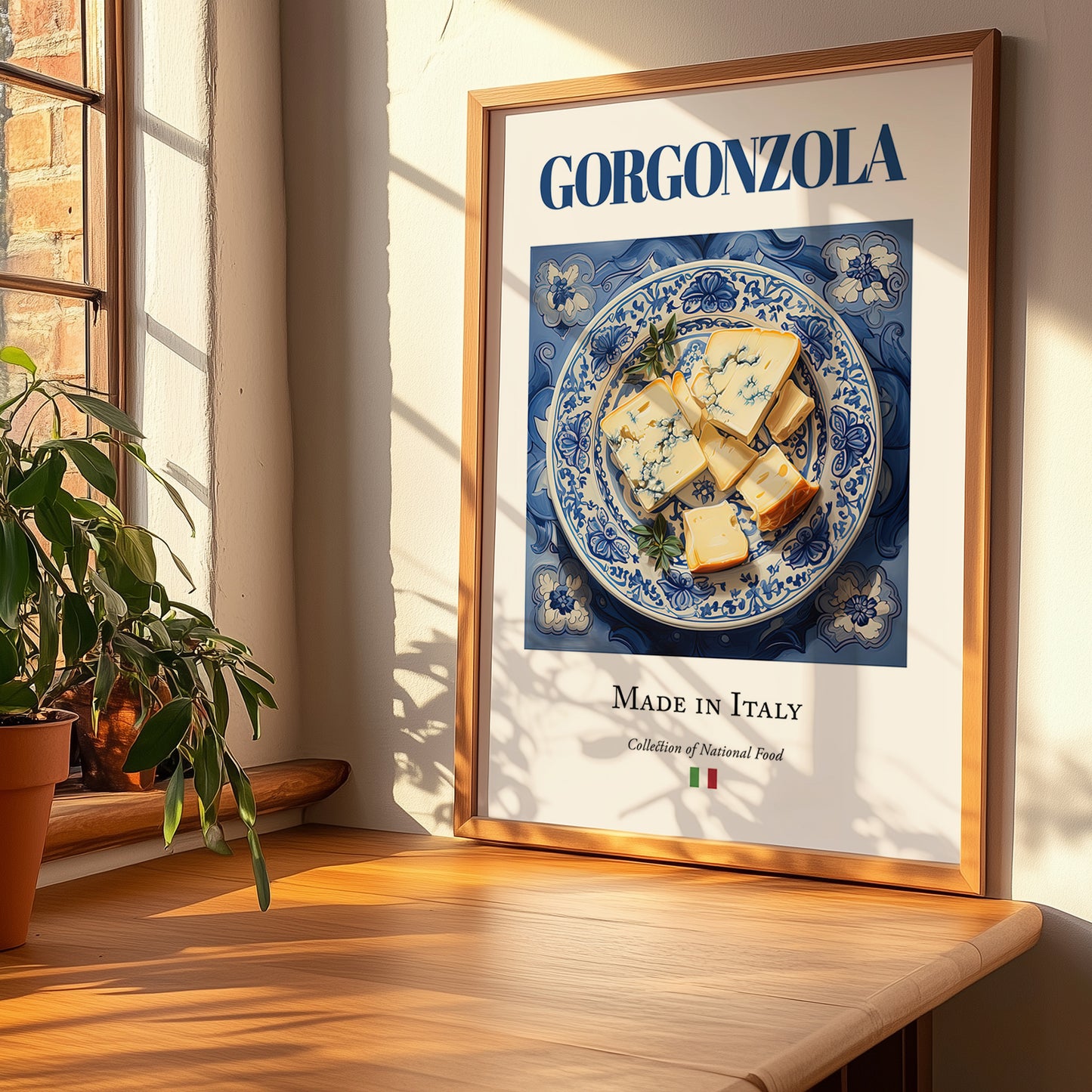 Gorgonzola – Italian Cheese Dish, Farmhouse Kitchen Print, no-text version framed in wood