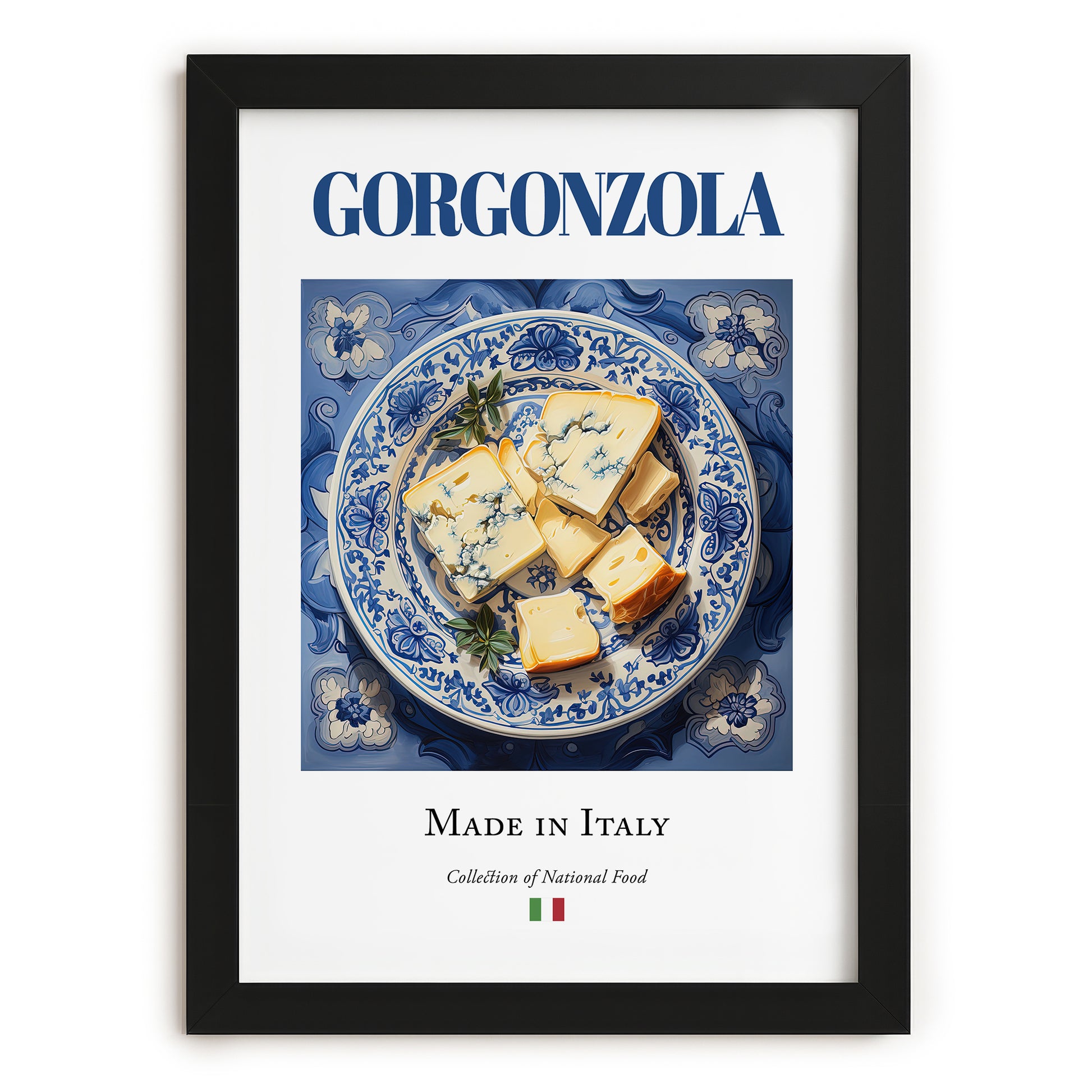 Gorgonzola – Italian Cheese Dish, Farmhouse Kitchen Print, in sleek black frame