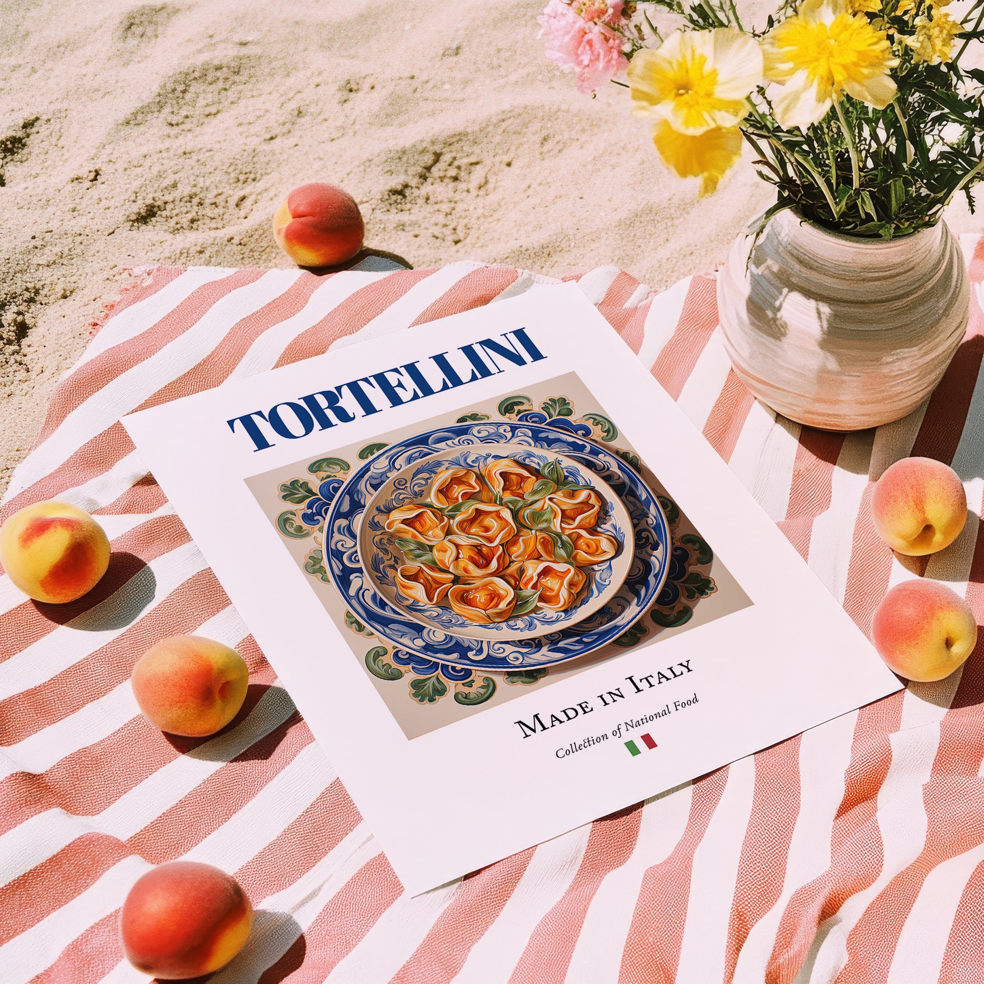 Tortellini – Italian Pasta, Osteria Wall Decor, unframed on coastal sand