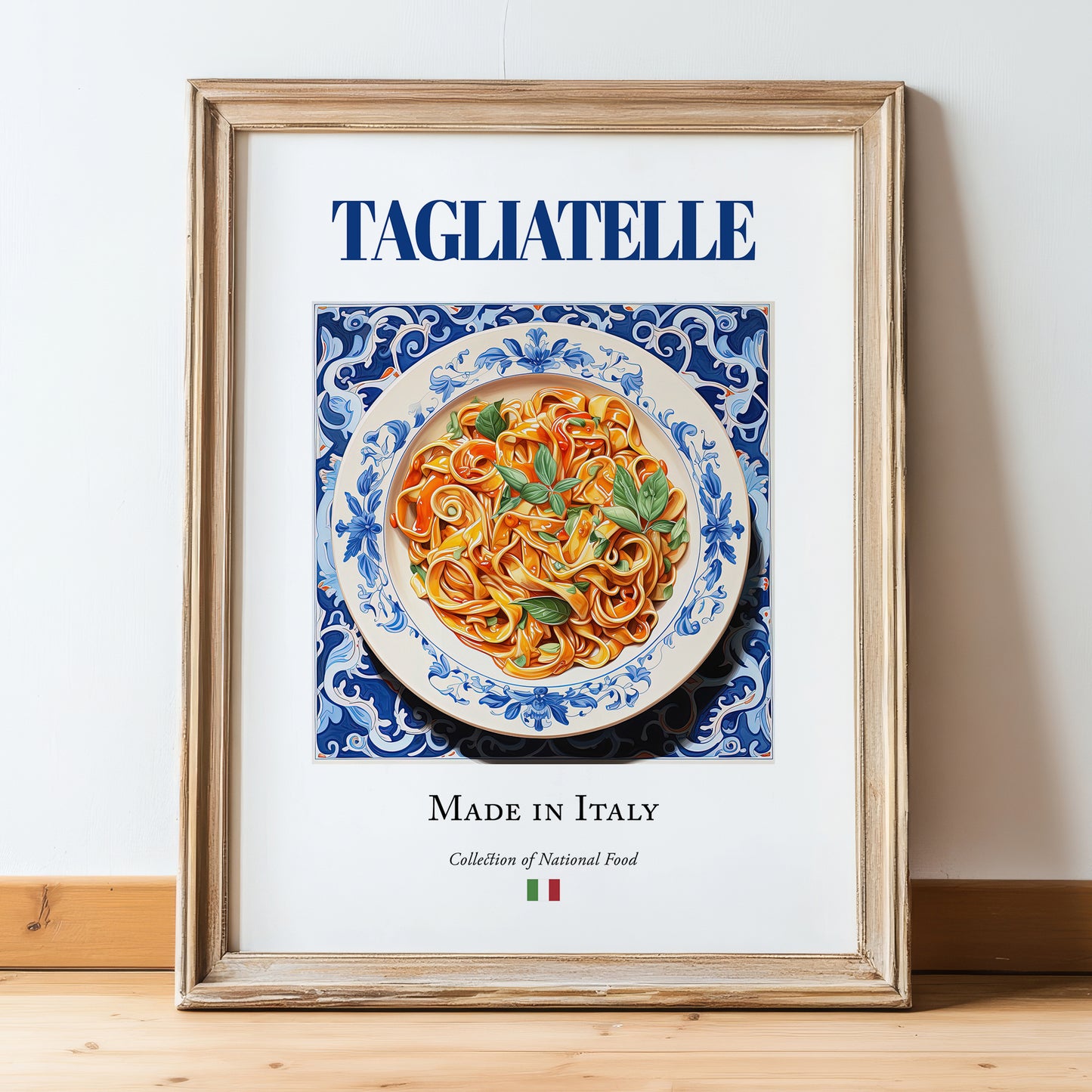 Tagliatelle – Italian Pasta, Trattoria Print, in wooden frame leaning on the floor