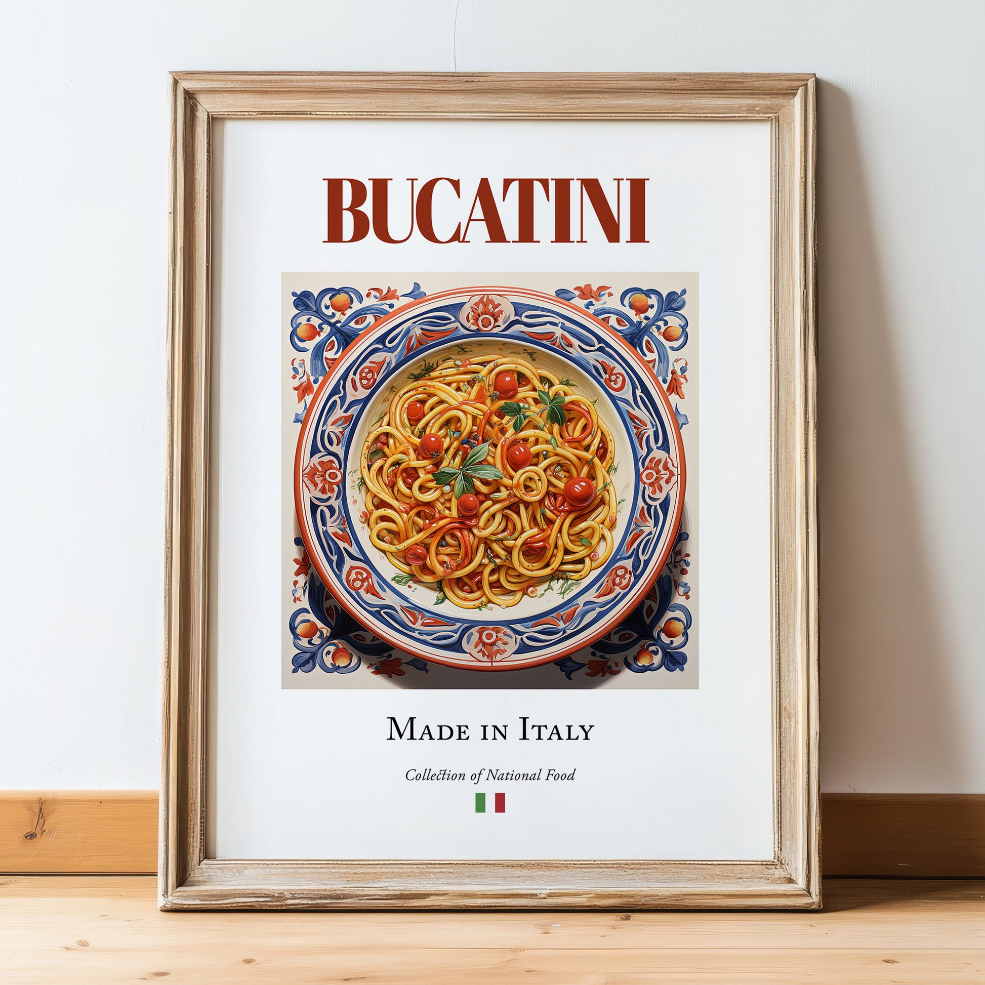 Bucatini – Italian Pasta, Ristorante Painting, in wooden frame leaning on the floor