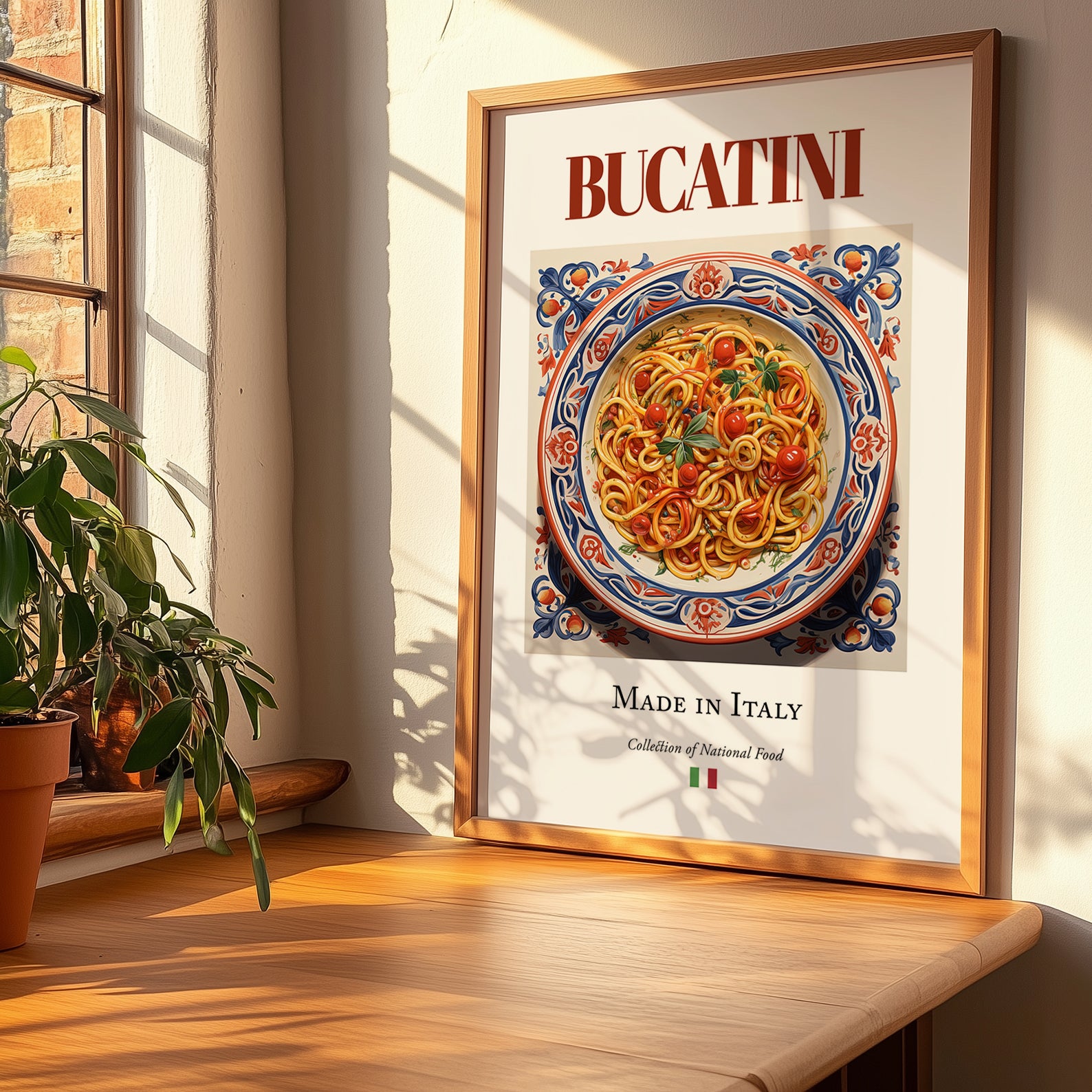 Bucatini – Italian Pasta, Ristorante Painting, no-text version framed in wood