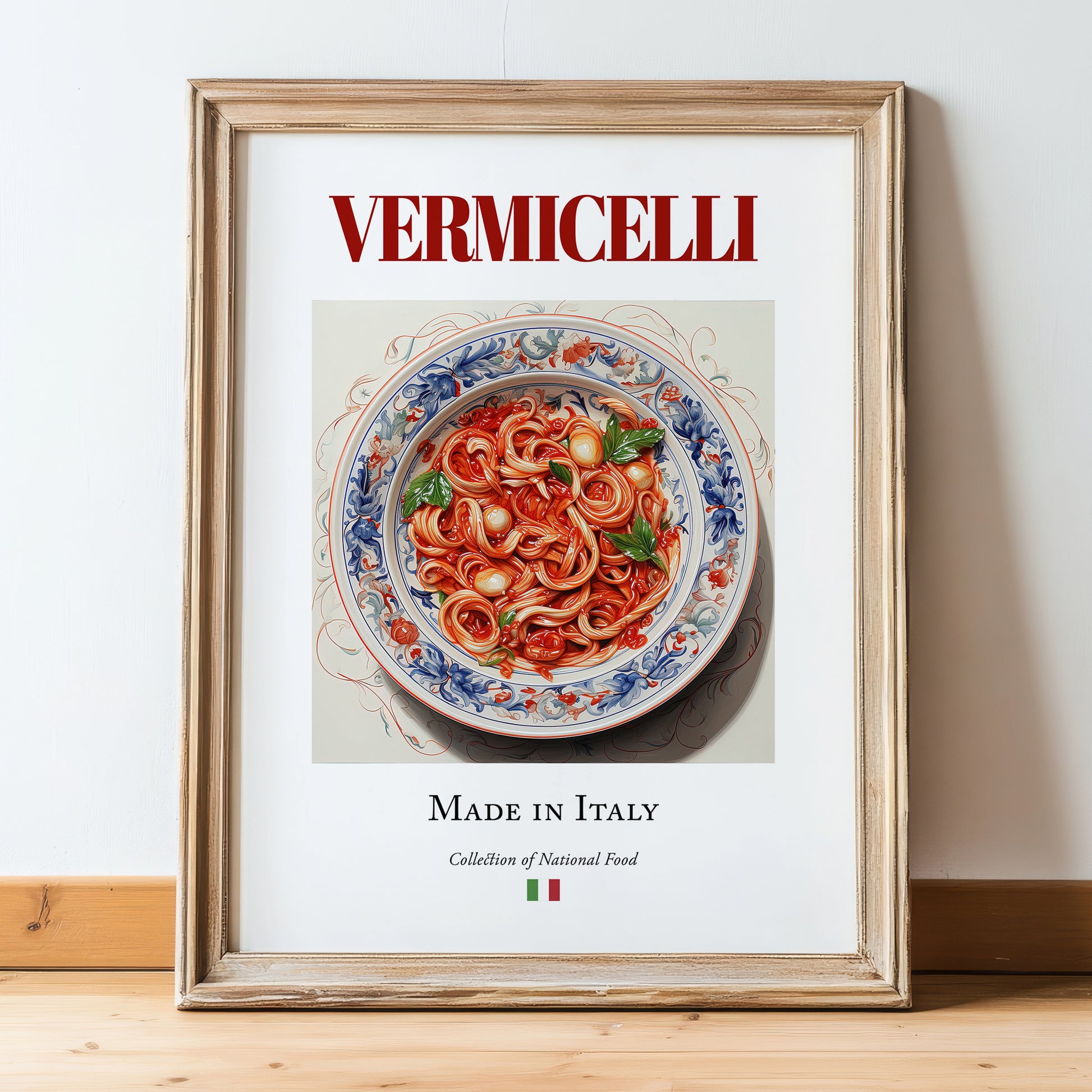 Vermicelli – Italian Pasta, Osteria Print, in wooden frame leaning on the floor