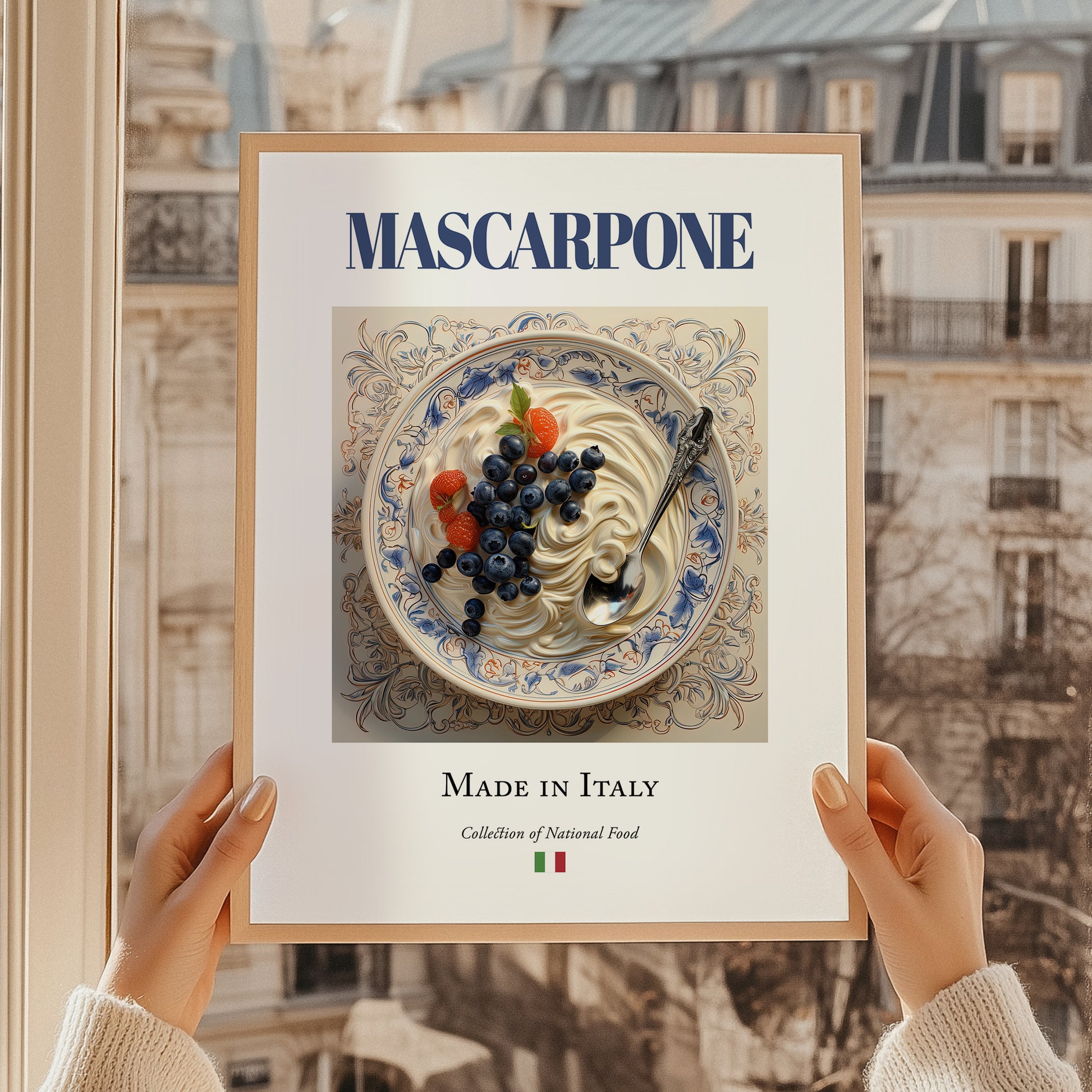 Mascarpone – Italian Cheese Dish, Bistro Wall Art, styled in a charming Paris street view