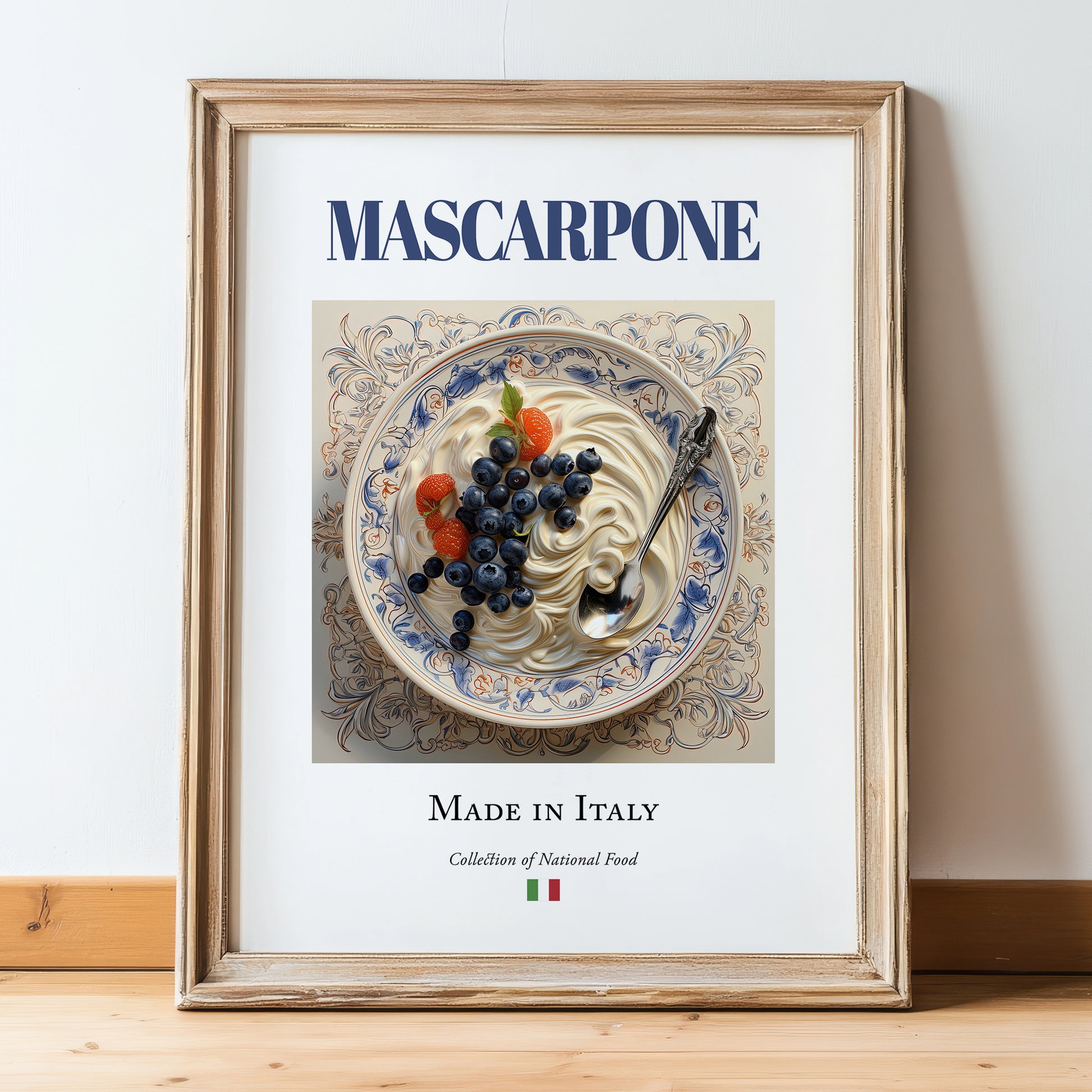 Mascarpone – Italian Cheese Dish, Bistro Wall Art, in wooden frame leaning on the floor