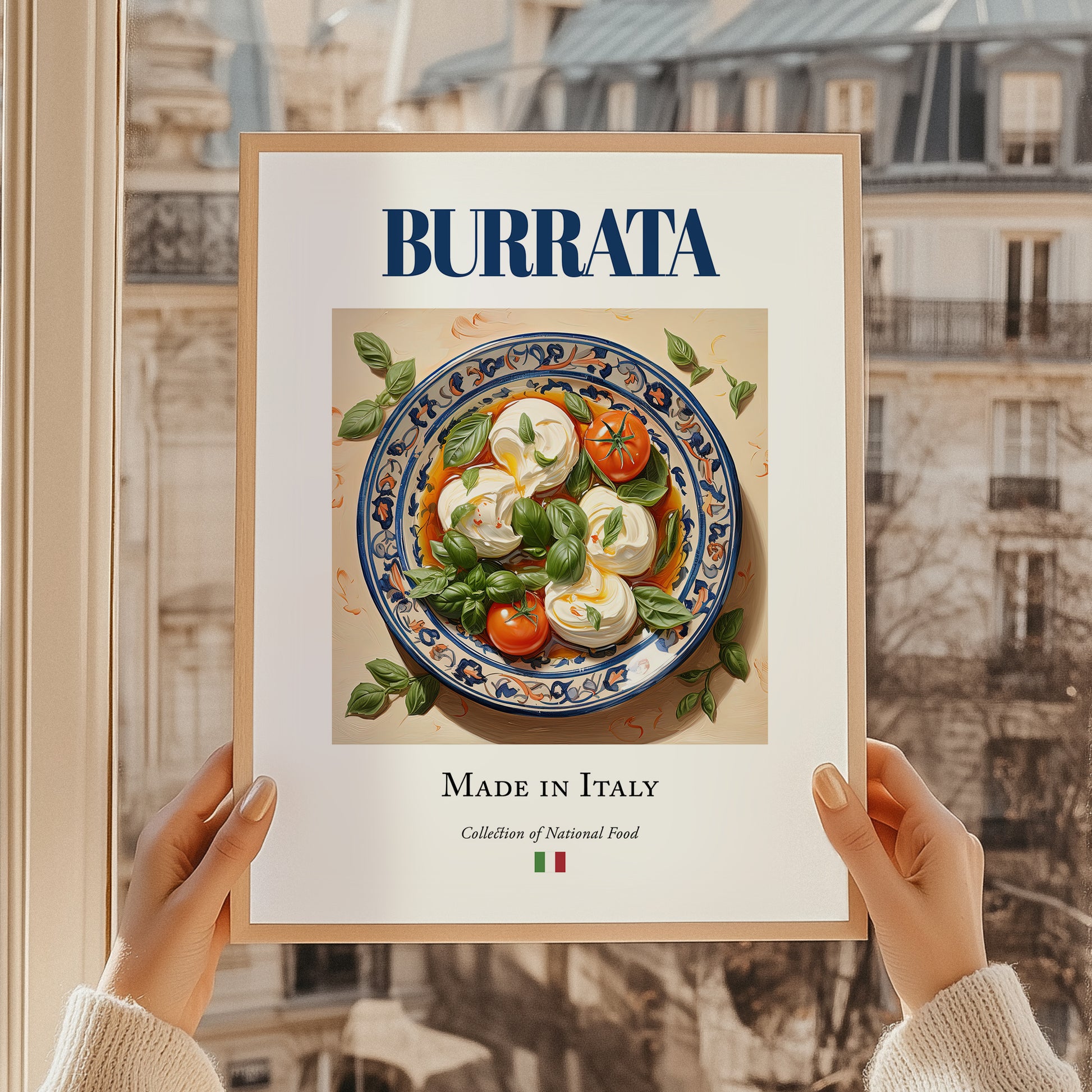 Burrata – Italian Cheese Dish, Tavern Wall Art, styled in a charming Paris street view