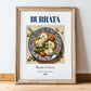 Burrata – Italian Cheese Dish, Tavern Wall Art, in wooden frame leaning on the floor