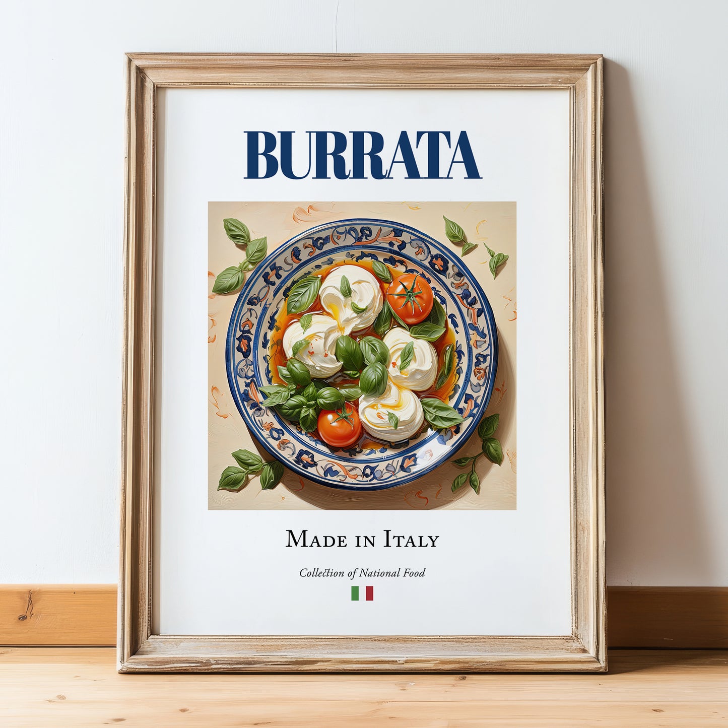 Burrata – Italian Cheese Dish, Tavern Wall Art, in wooden frame leaning on the floor