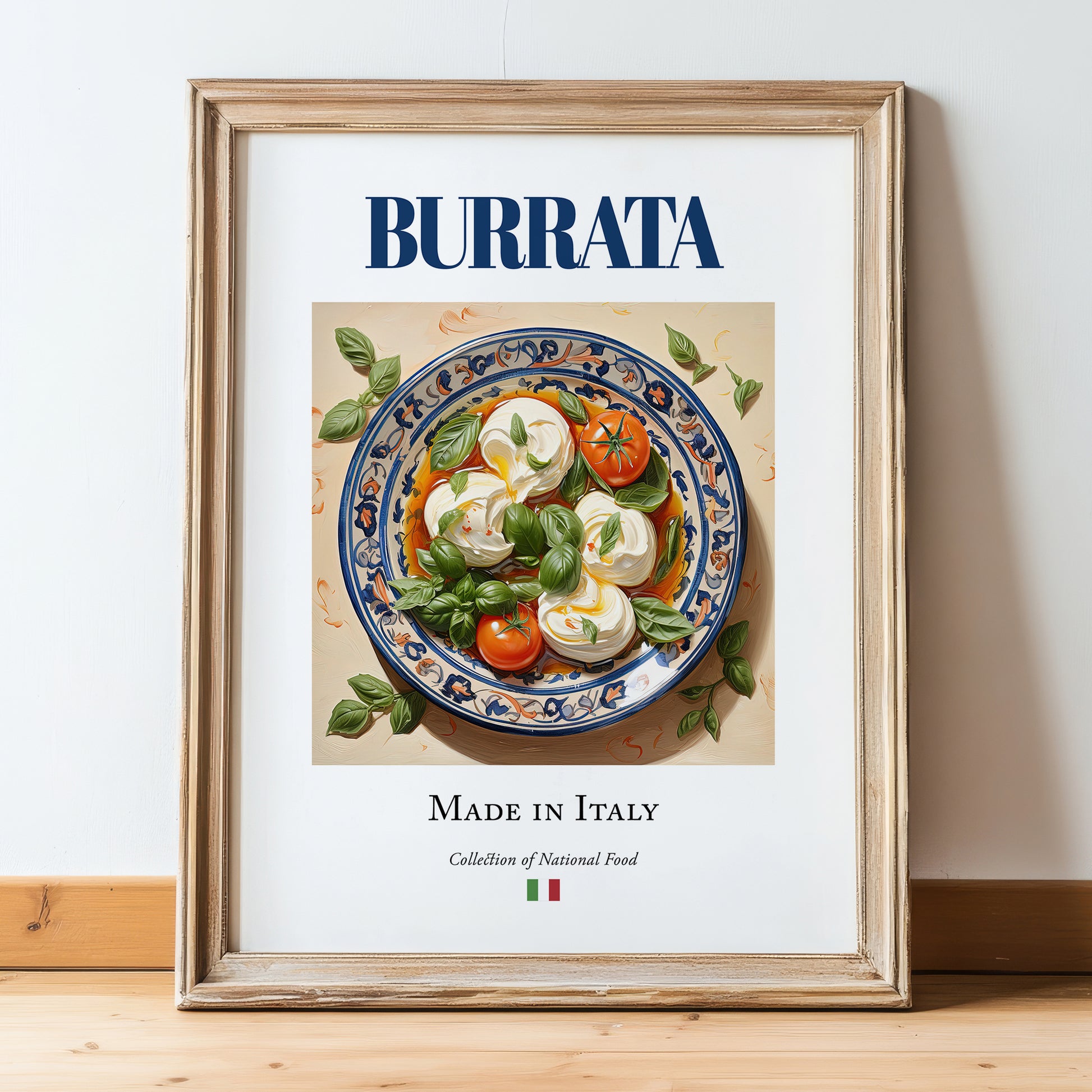 Burrata – Italian Cheese Dish, Tavern Wall Art, in wooden frame leaning on the floor