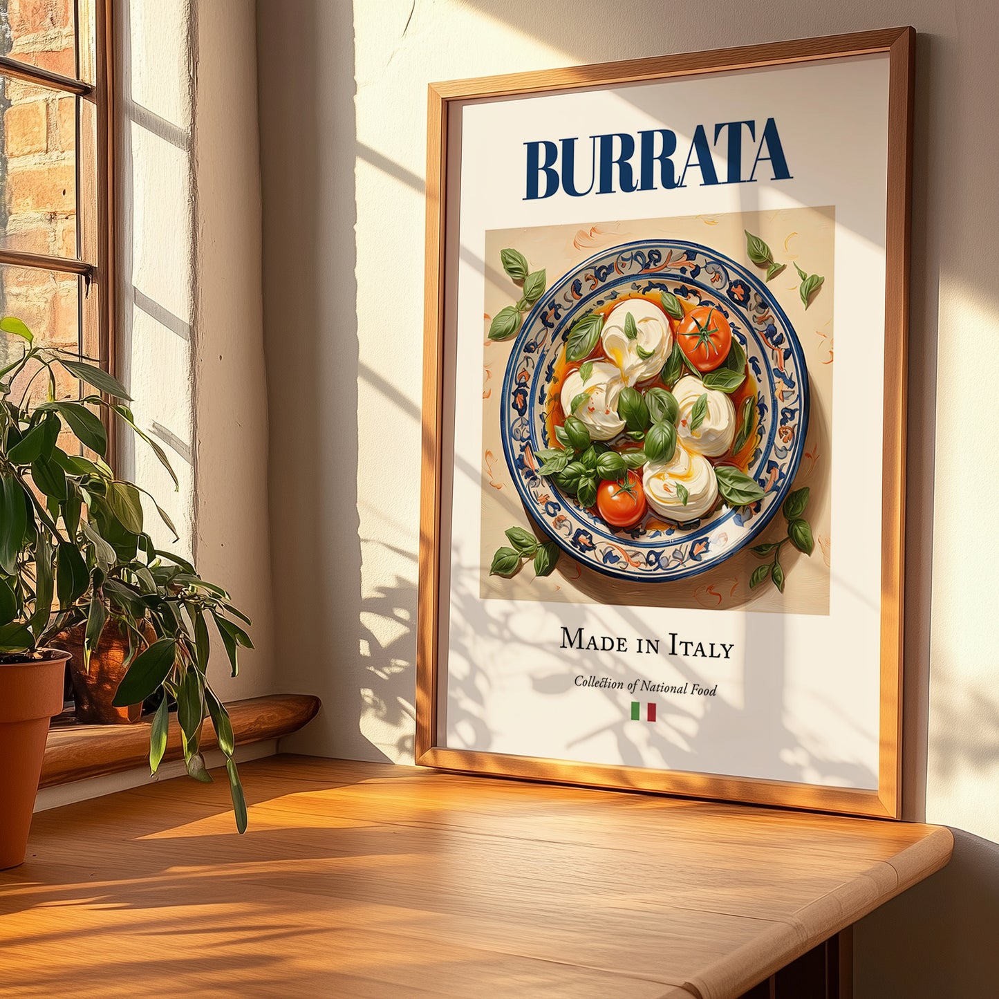 Burrata – Italian Cheese Dish, Tavern Wall Art, no-text version framed in wood