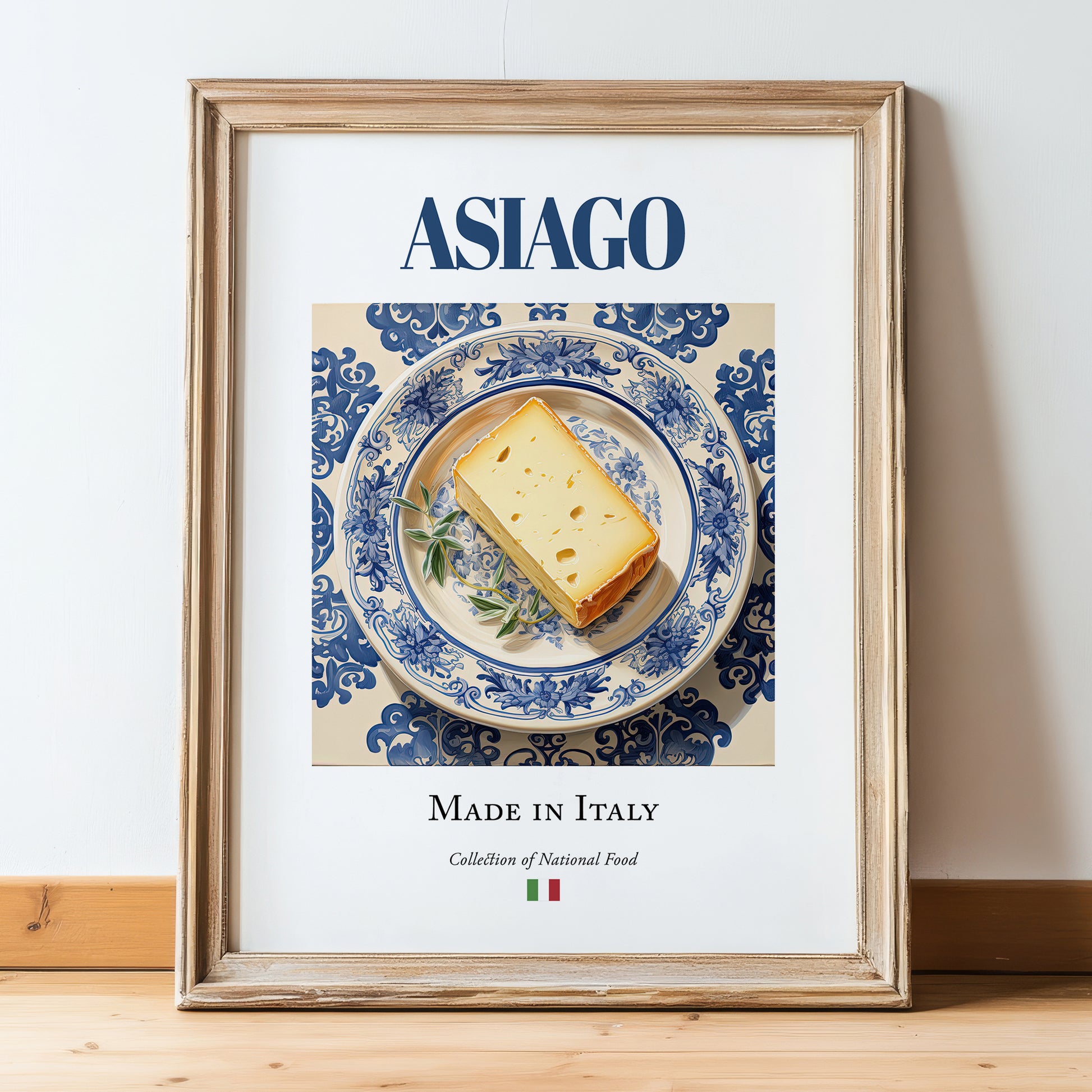 Asiago – Italian Cheese Dish, Tavern Wall Decor, in wooden frame leaning on the floor