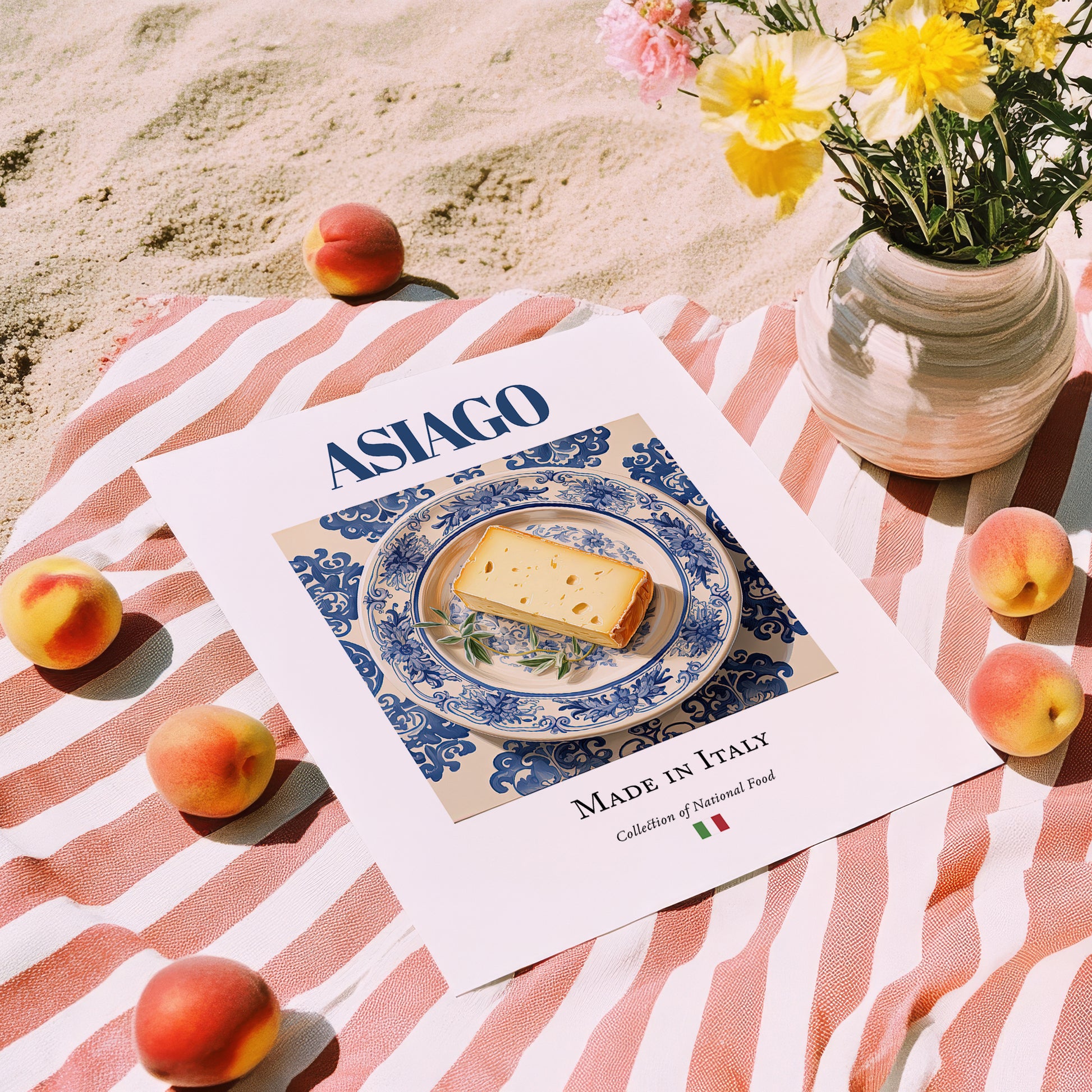 Asiago – Italian Cheese Dish, Tavern Wall Decor, unframed on coastal sand