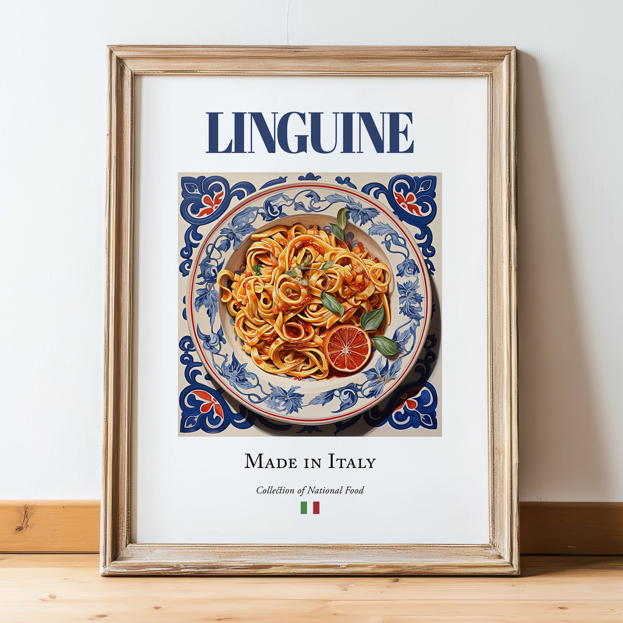 Linguine – Italian Pasta, Ristorante Painting, in wooden frame leaning on the floor