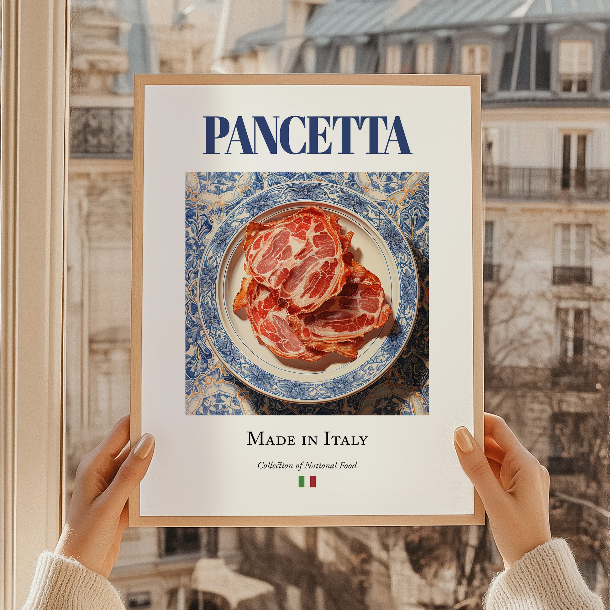 Pancetta – Italian Meat Dish, Restaurant Poster, styled in a charming Paris street view