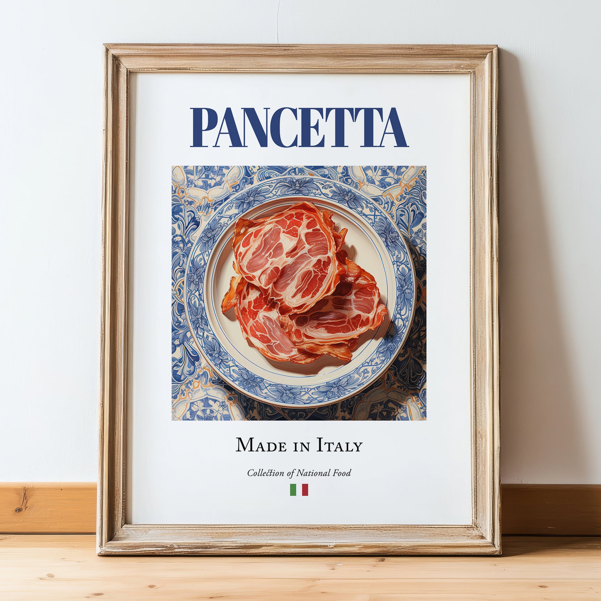 Pancetta – Italian Meat Dish, Restaurant Poster, in wooden frame leaning on the floor