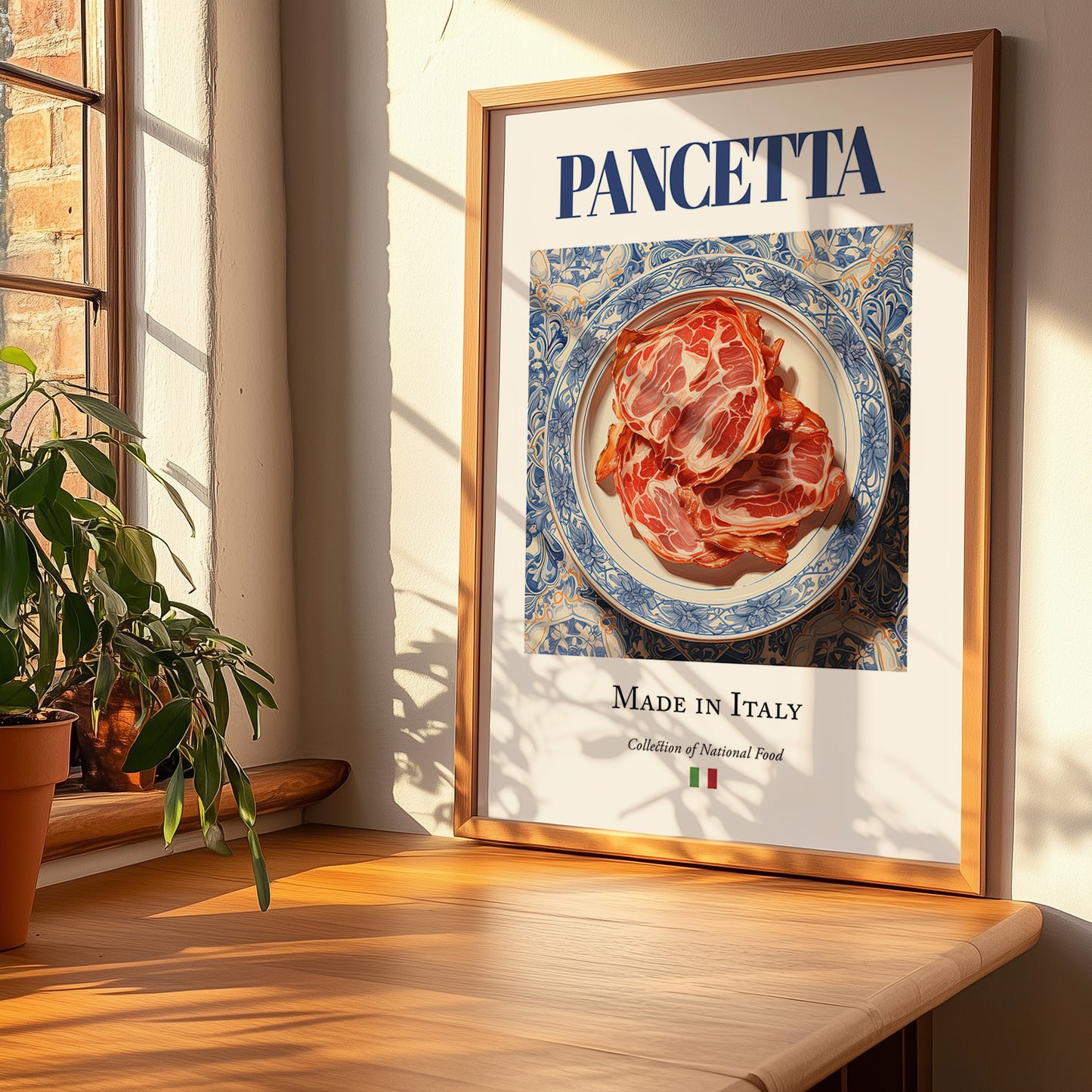 Pancetta – Italian Meat Dish, Restaurant Poster, no-text version framed in wood