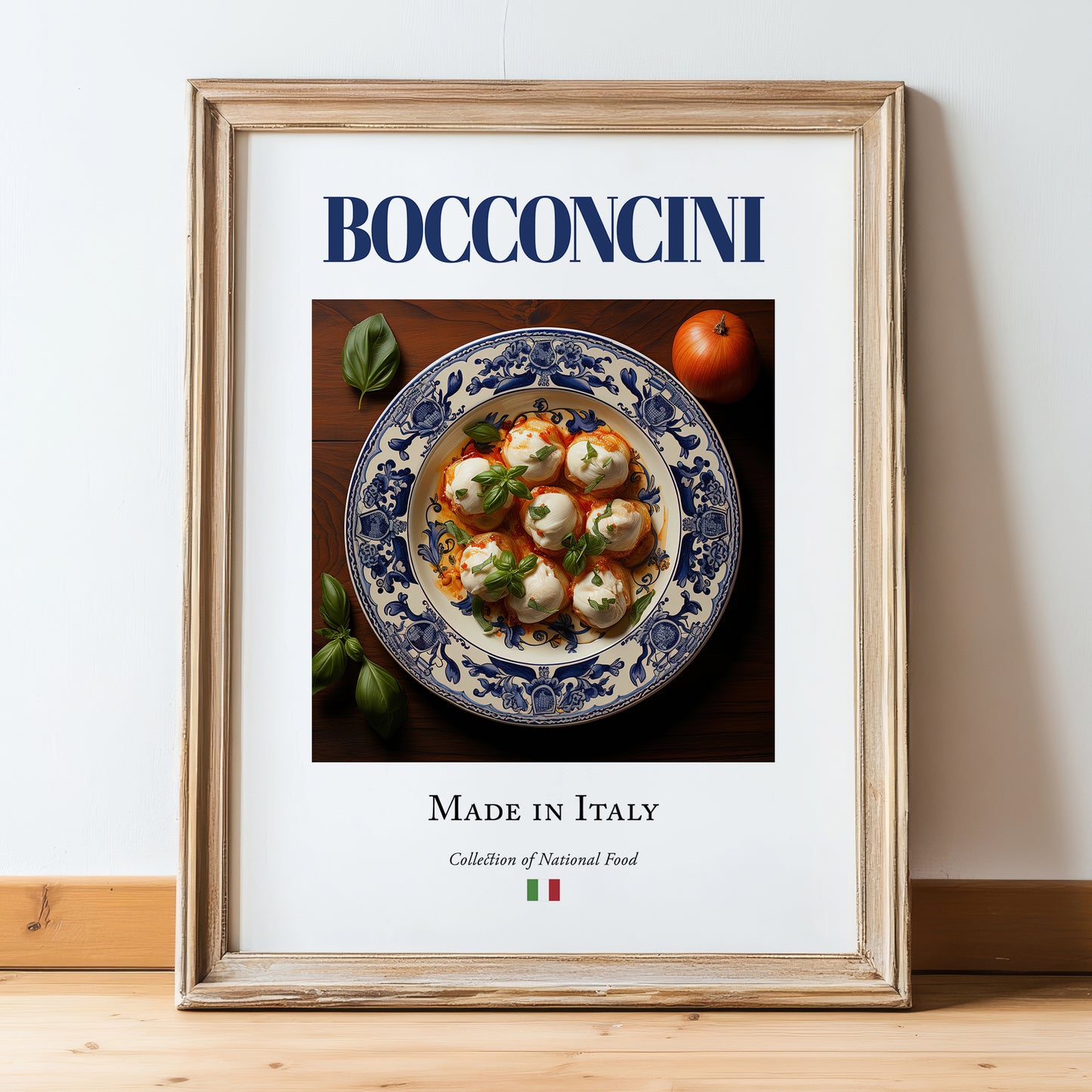 Bocconcini – Italian Cheese Dish, Farmhouse Kitchen Painting, in wooden frame leaning on the floor