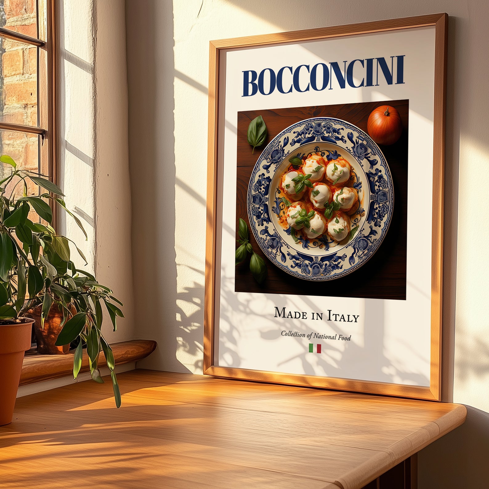 Bocconcini – Italian Cheese Dish, Farmhouse Kitchen Painting, no-text version framed in wood