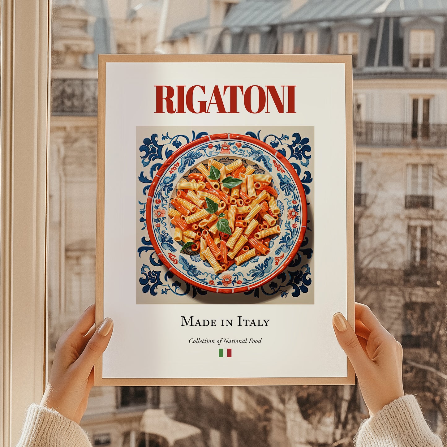 Rigatoni – Italian Pasta, Restaurant Print, styled in a charming Paris street view