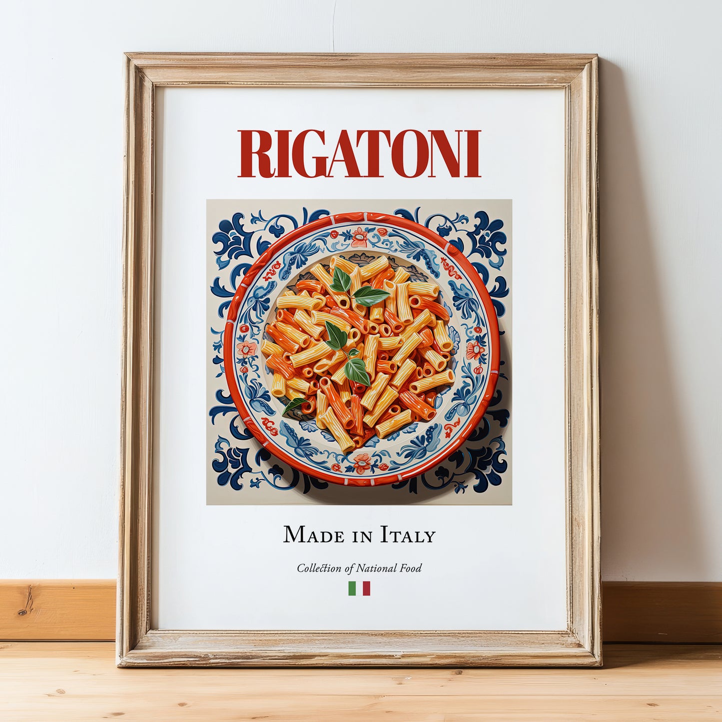 Rigatoni – Italian Pasta, Restaurant Print, in wooden frame leaning on the floor