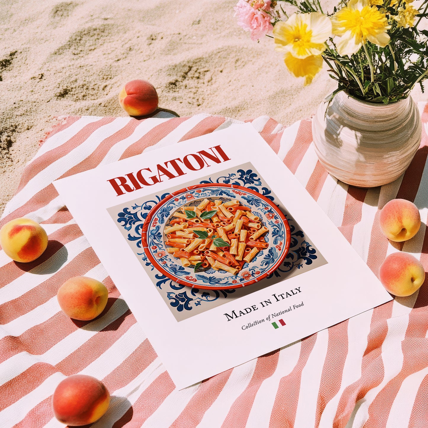 Rigatoni – Italian Pasta, Restaurant Print, unframed on coastal sand