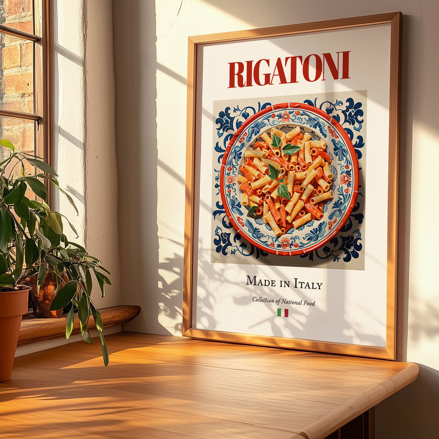 Rigatoni – Italian Pasta, Restaurant Print, no-text version framed in wood