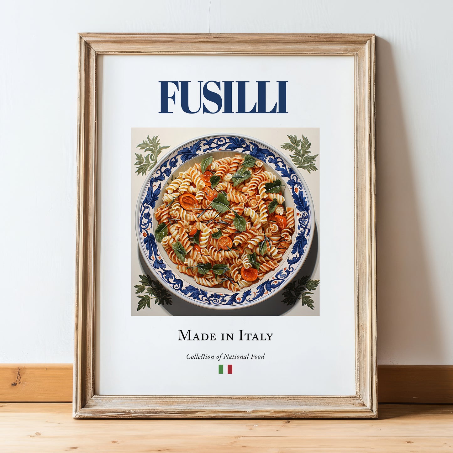 Fusilli – Italian Pasta, Trattoria Illustration, in wooden frame leaning on the floor