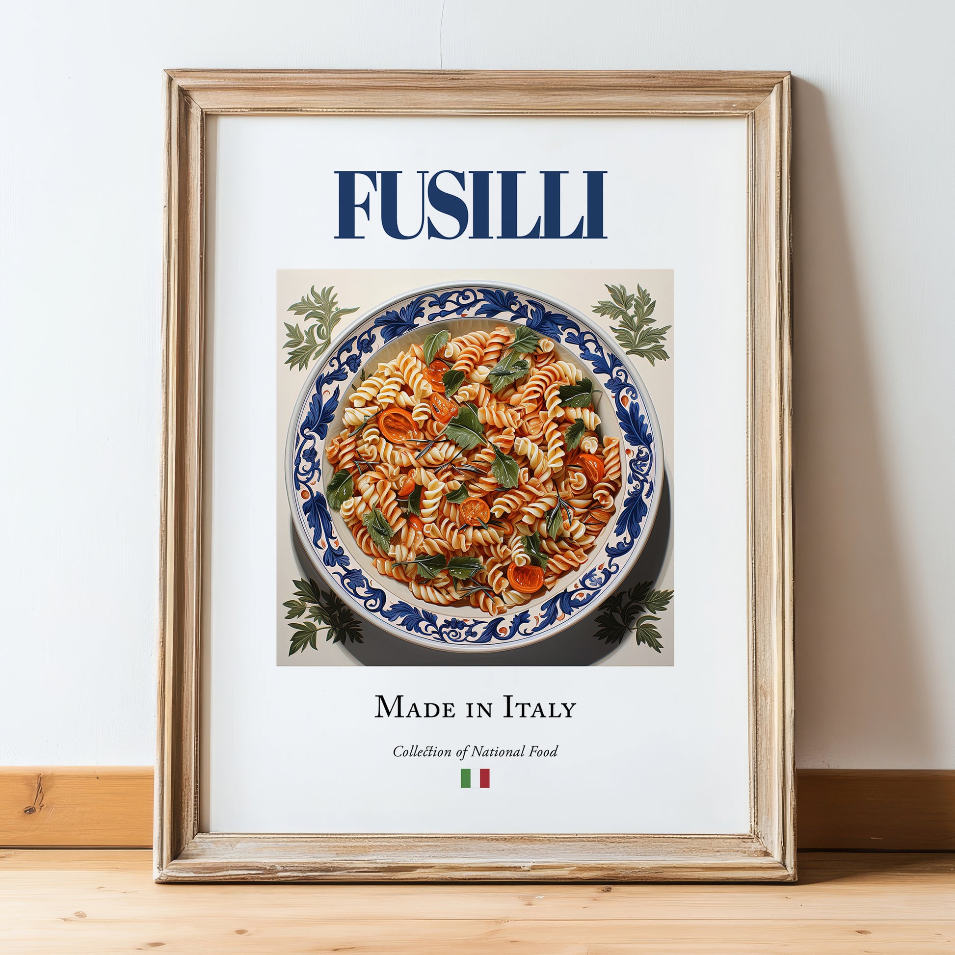 Fusilli – Italian Pasta, Trattoria Illustration, in wooden frame leaning on the floor