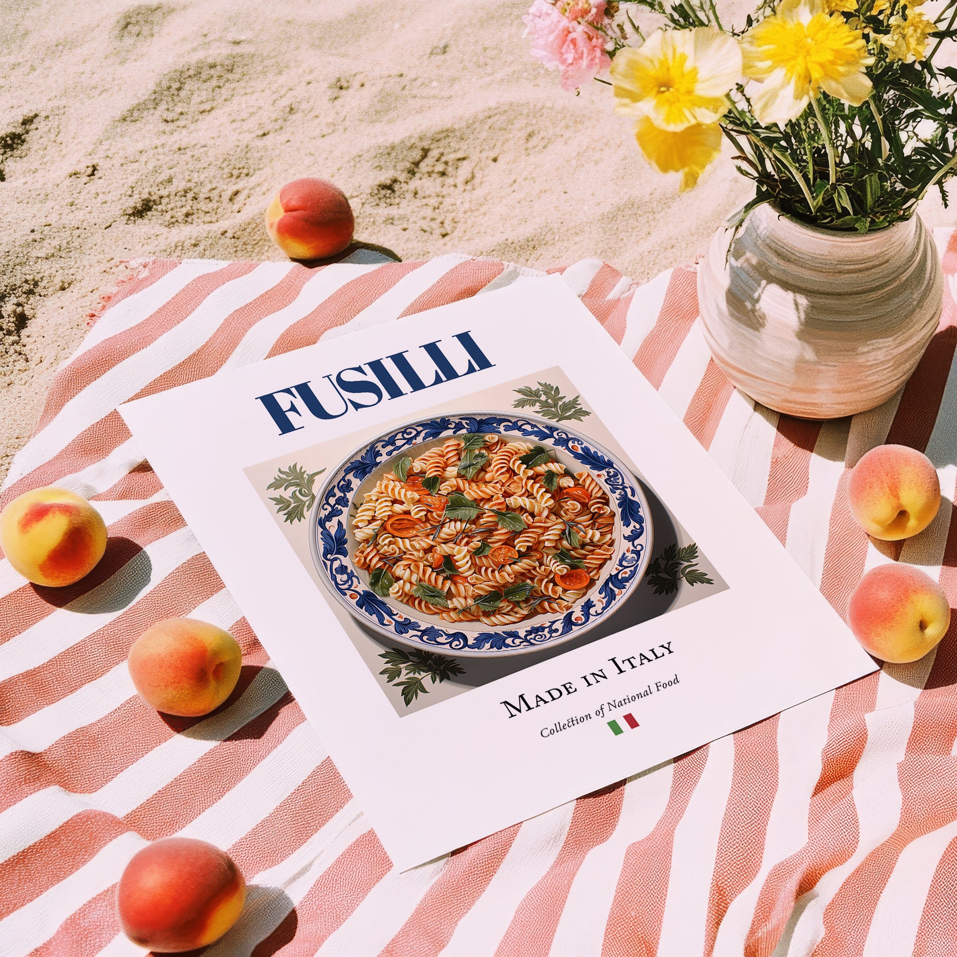 Fusilli – Italian Pasta, Trattoria Illustration, unframed on coastal sand