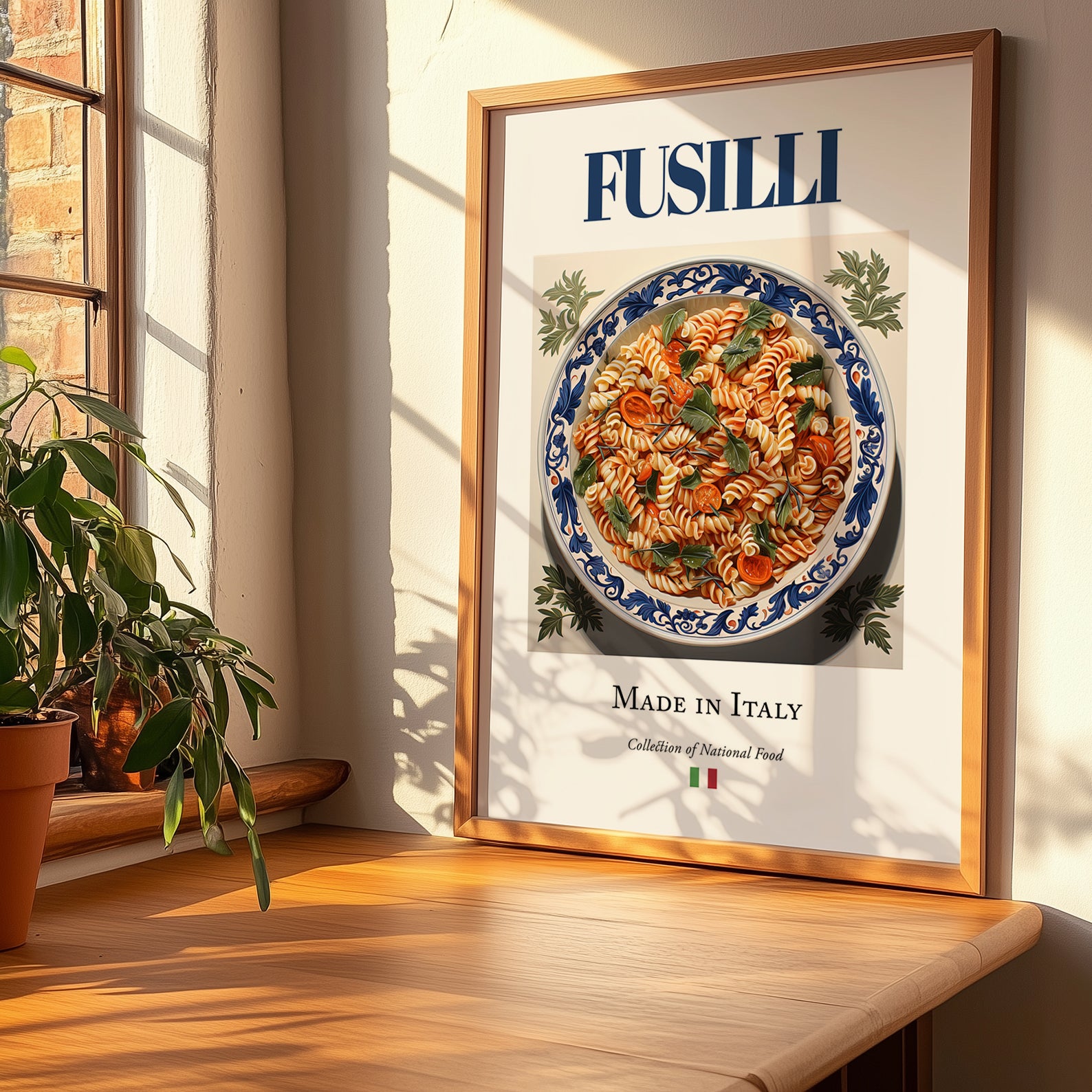 Fusilli – Italian Pasta, Trattoria Illustration, no-text version framed in wood