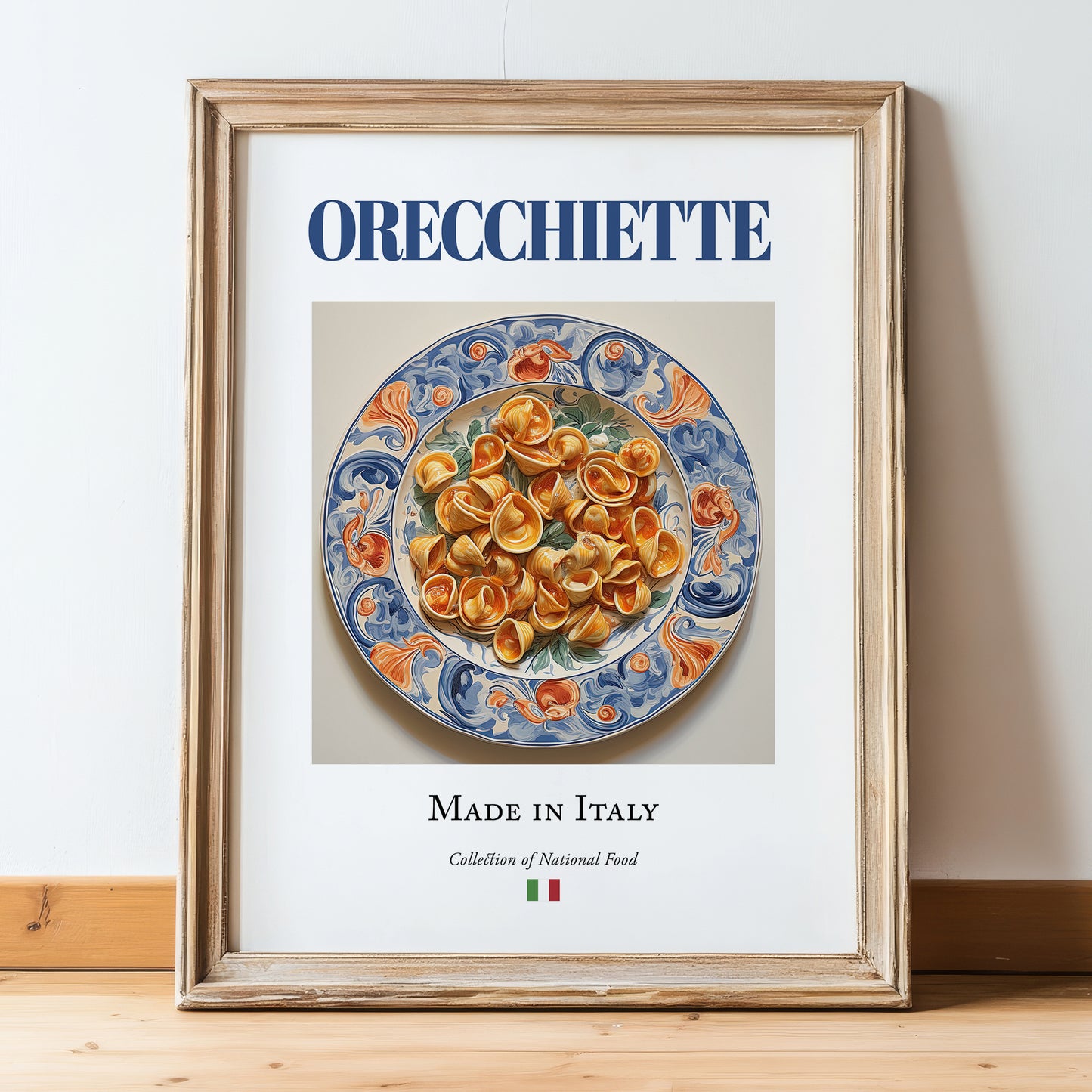 Orecchiette – Italian Pasta, Trattoria Print, in wooden frame leaning on the floor