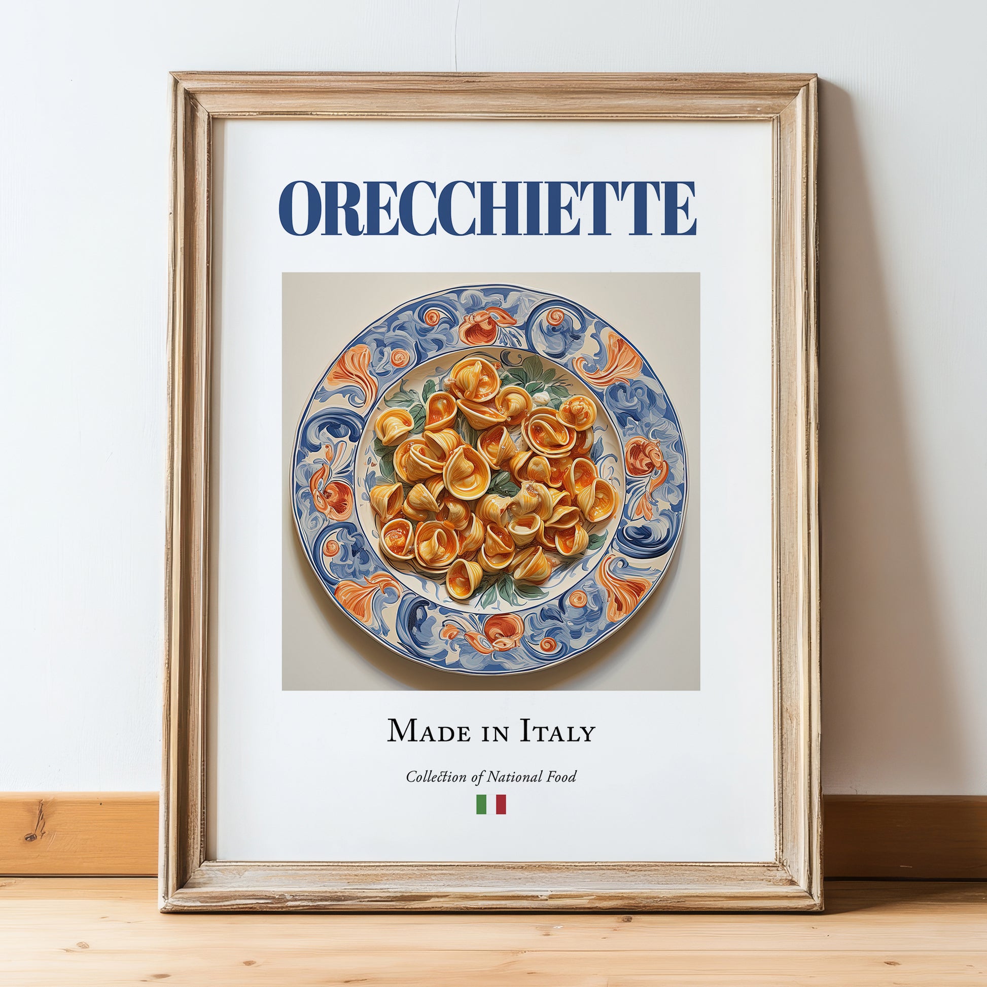 Orecchiette – Italian Pasta, Trattoria Print, in wooden frame leaning on the floor