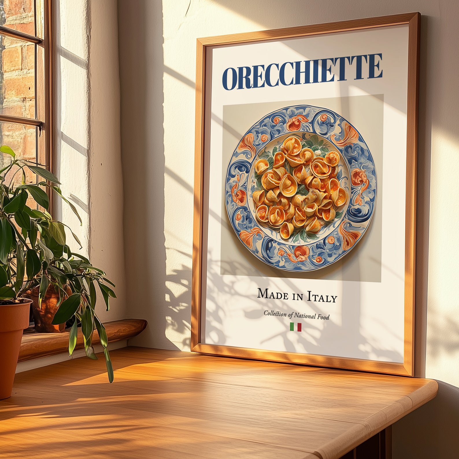 Orecchiette – Italian Pasta, Trattoria Print, no-text version framed in wood