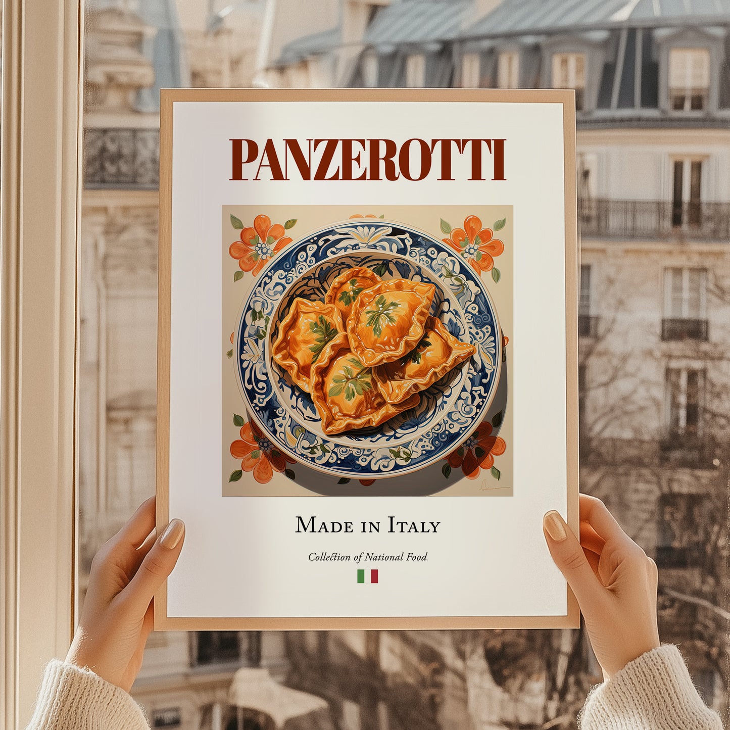 Panzerotti – Italian Dish, Farmhouse Kitchen Poster, styled in a charming Paris street view