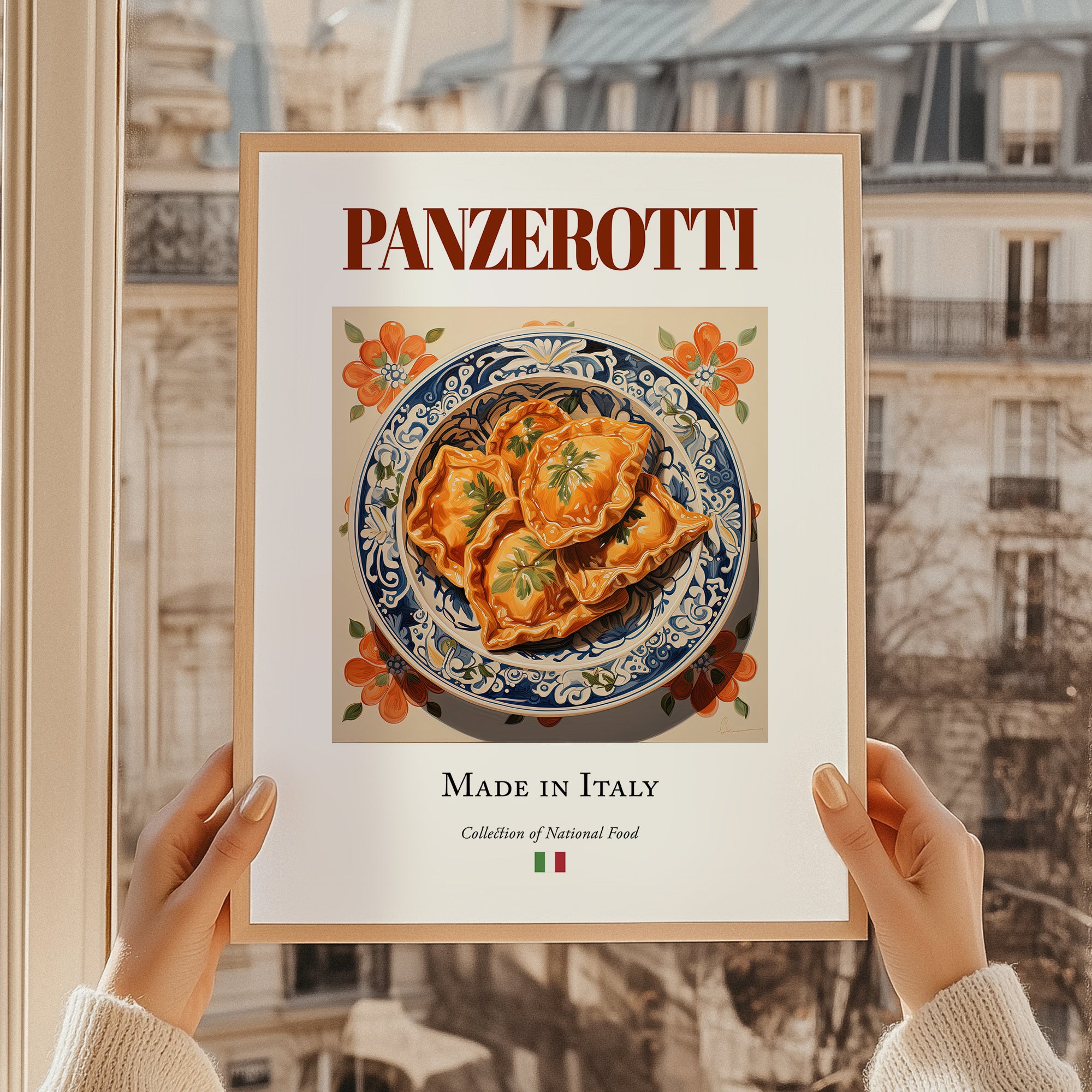 Panzerotti – Italian Dish, Farmhouse Kitchen Poster, styled in a charming Paris street view