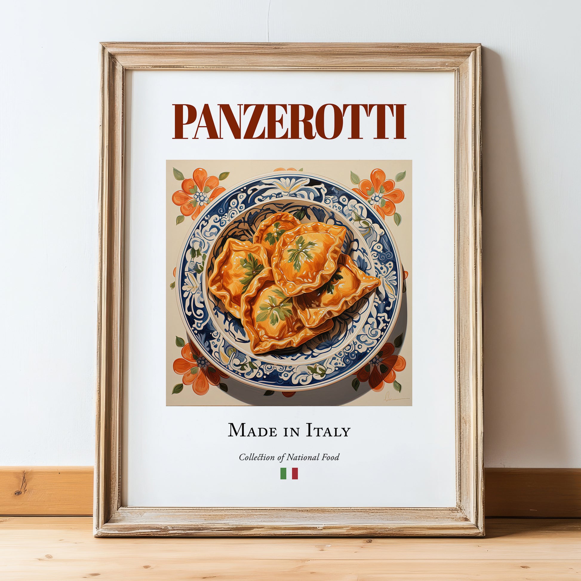 Panzerotti – Italian Dish, Farmhouse Kitchen Poster, in wooden frame leaning on the floor