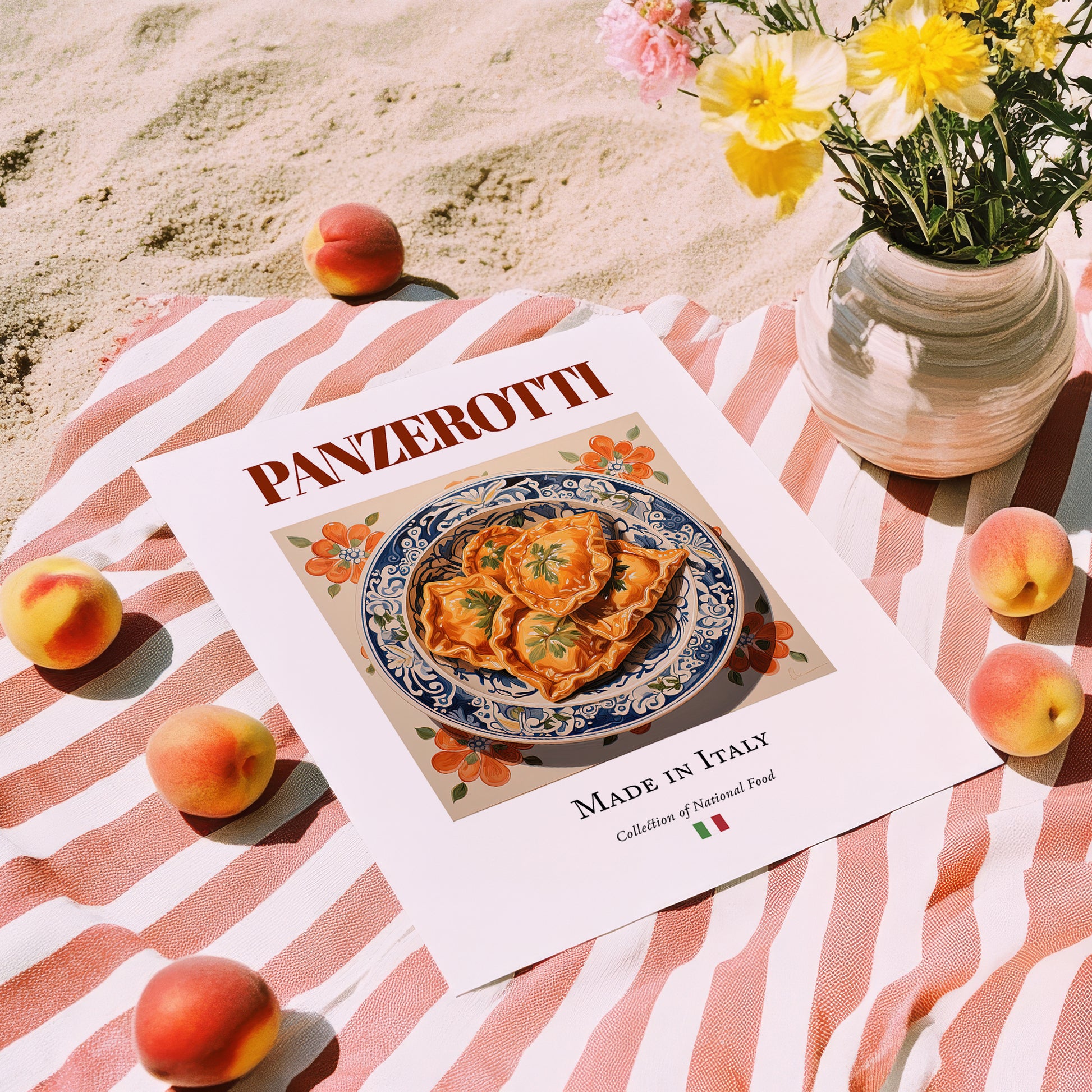 Panzerotti – Italian Dish, Farmhouse Kitchen Poster, unframed on coastal sand