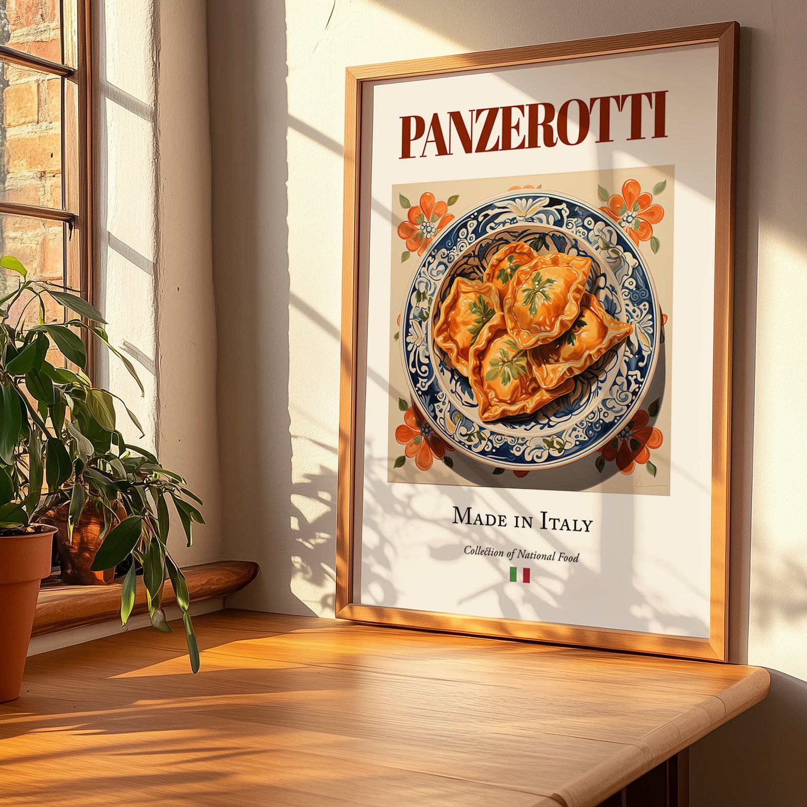 Panzerotti – Italian Dish, Farmhouse Kitchen Poster, no-text version framed in wood