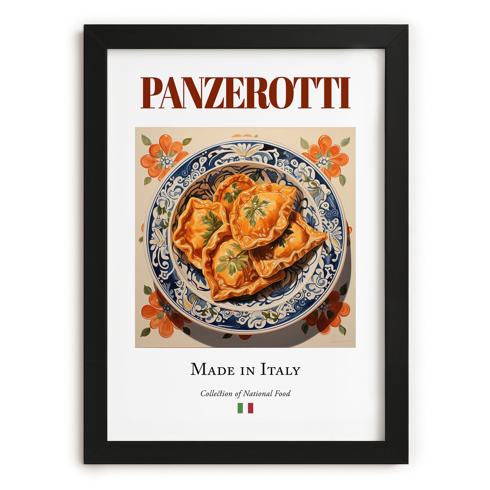 Panzerotti – Italian Dish, Farmhouse Kitchen Poster, in sleek black frame