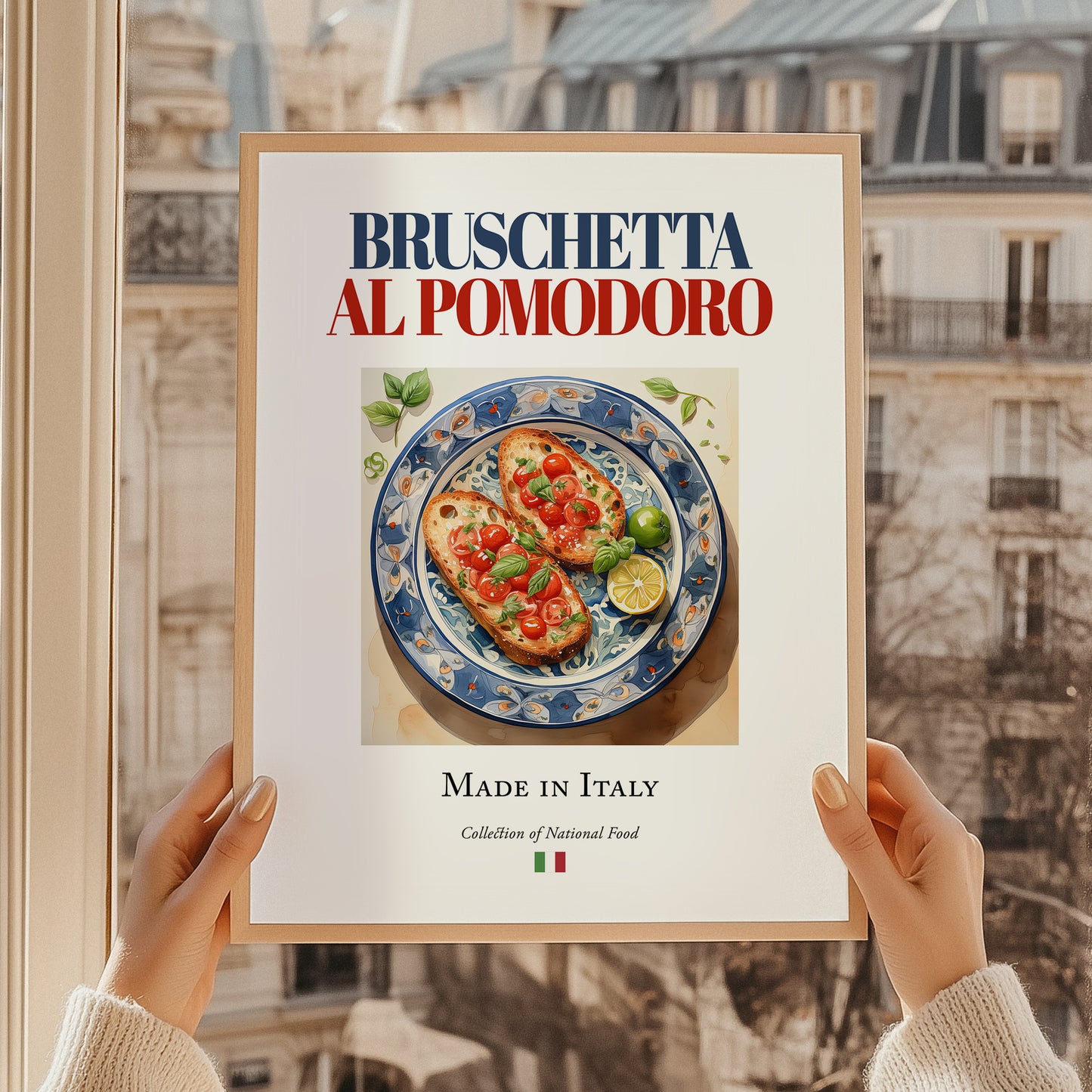 Bruschetta al pomodoro – Italian Dish, Bistro Still Life, styled in a charming Paris street view