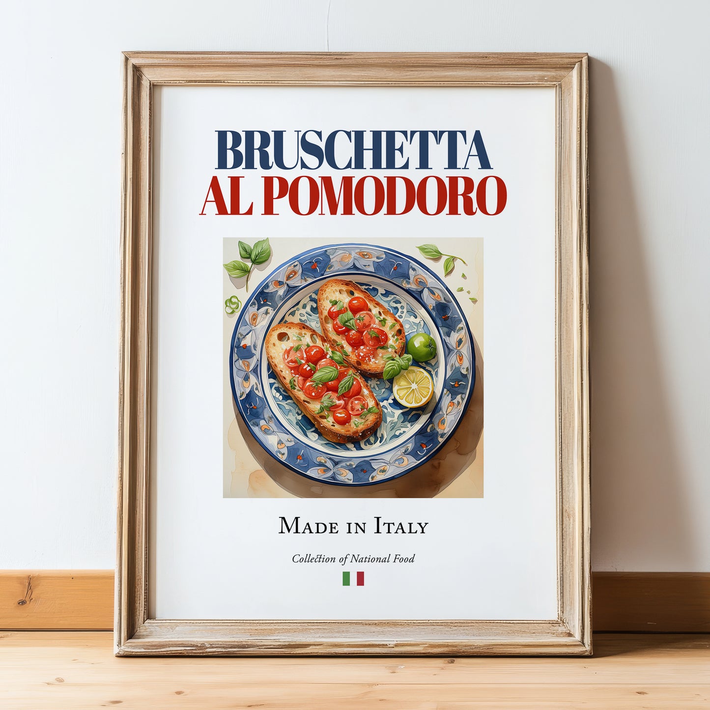 Bruschetta al pomodoro – Italian Dish, Bistro Still Life, in wooden frame leaning on the floor