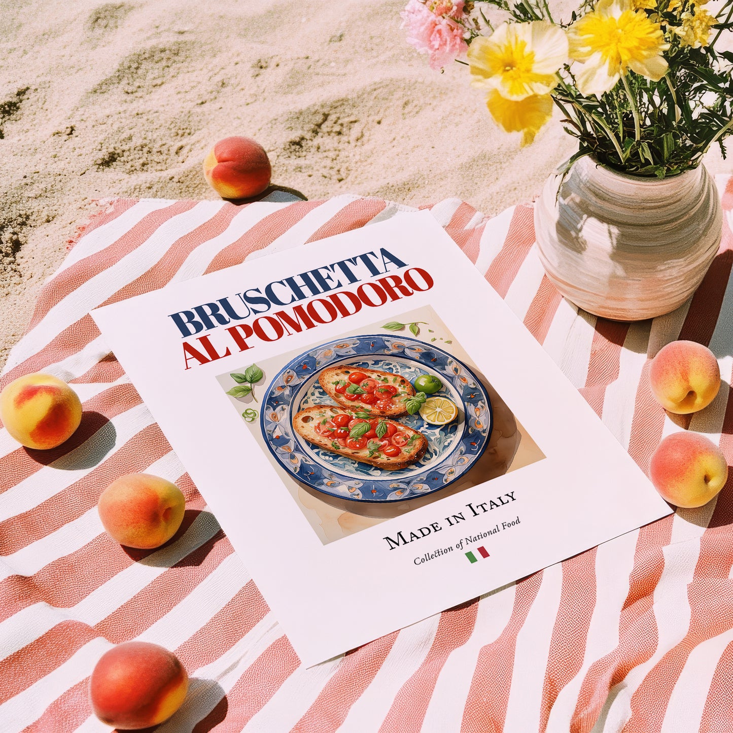 Bruschetta al pomodoro – Italian Dish, Bistro Still Life, unframed on coastal sand