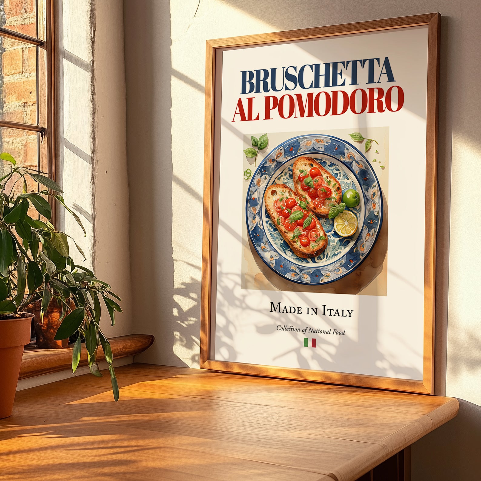 Bruschetta al pomodoro – Italian Dish, Bistro Still Life, no-text version framed in wood