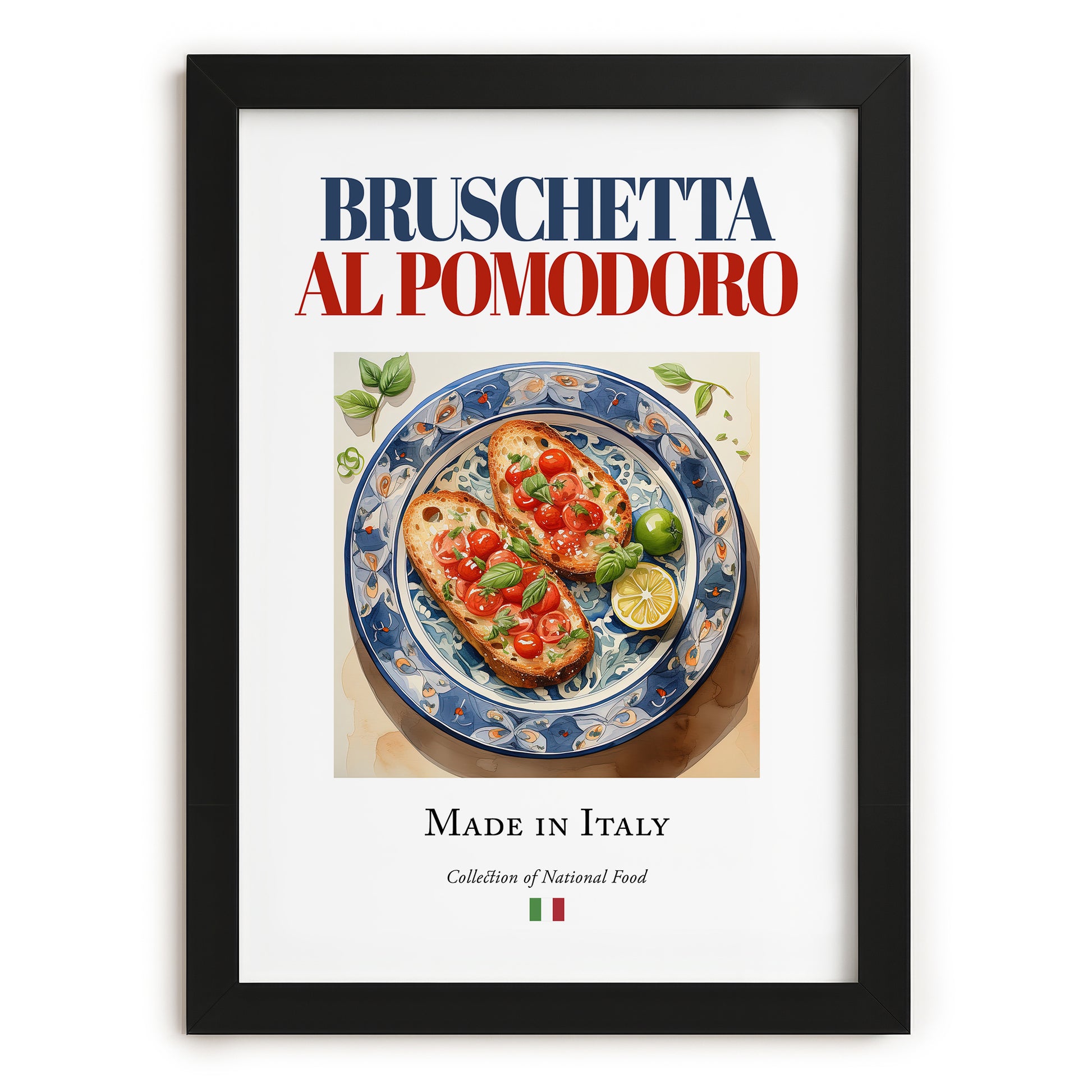 Bruschetta al pomodoro – Italian Dish, Bistro Still Life, in sleek black frame