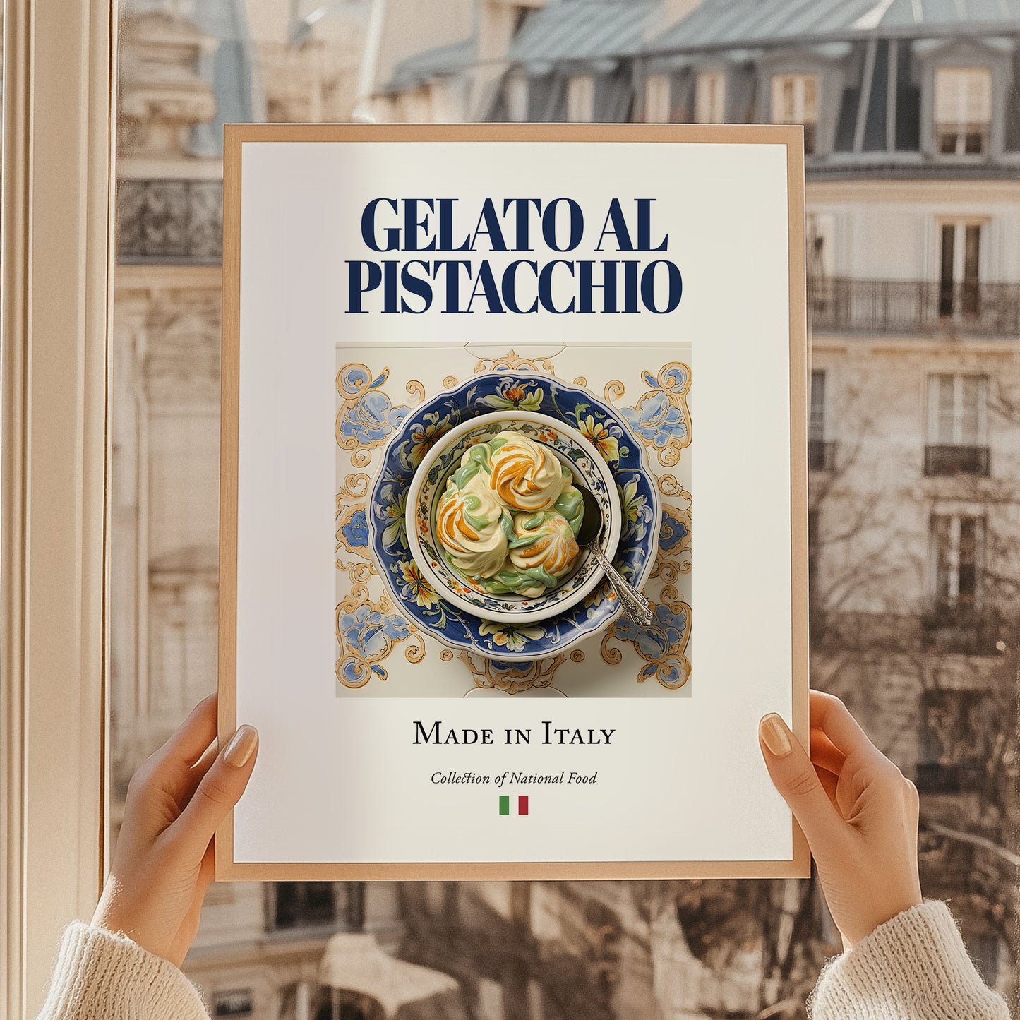 Gelato al pistacchio – Italian Dessert Dish, Brasserie Print, styled in a charming Paris street view