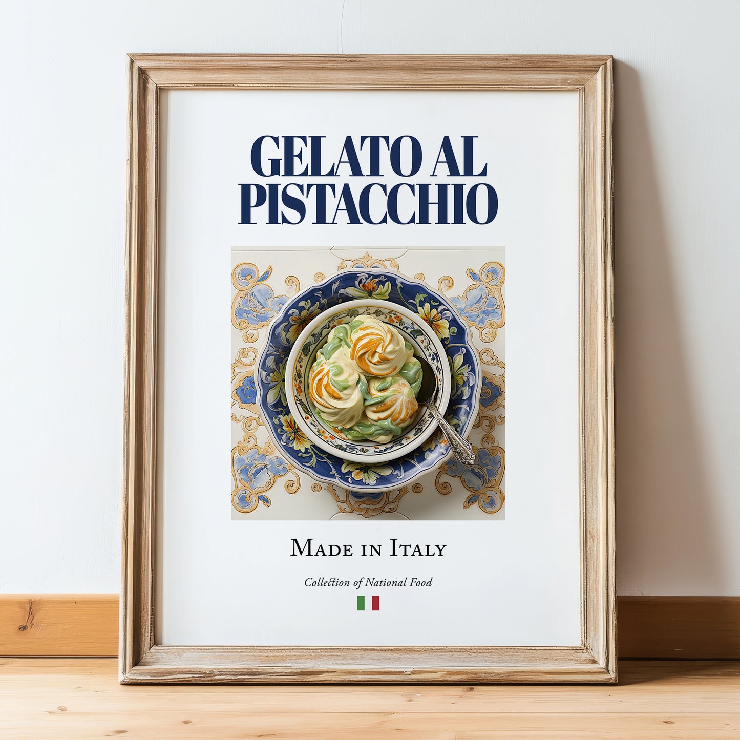 Gelato al pistacchio – Italian Dessert Dish, Brasserie Print, in wooden frame leaning on the floor