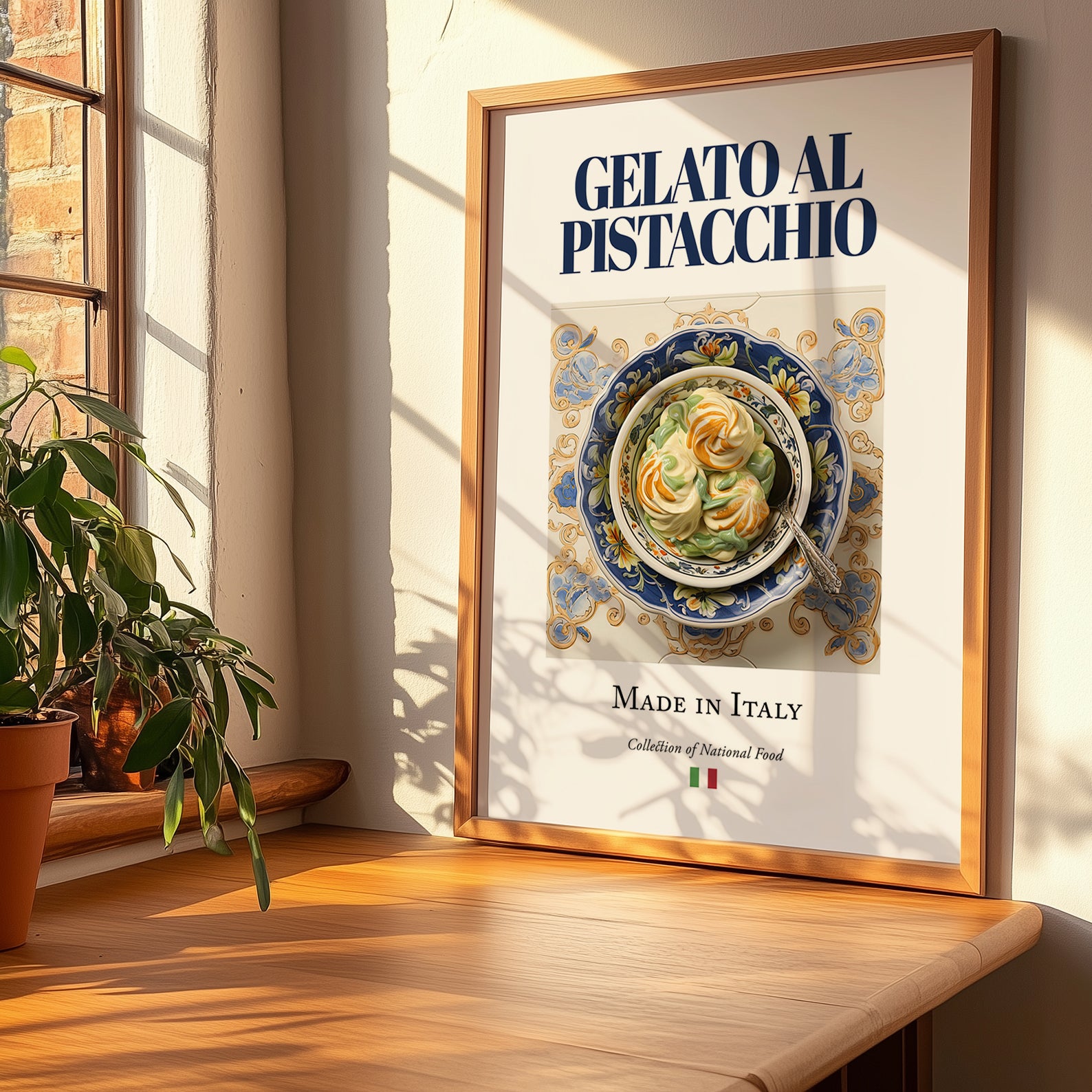 Gelato al pistacchio – Italian Dessert Dish, Brasserie Print, no-text version framed in wood