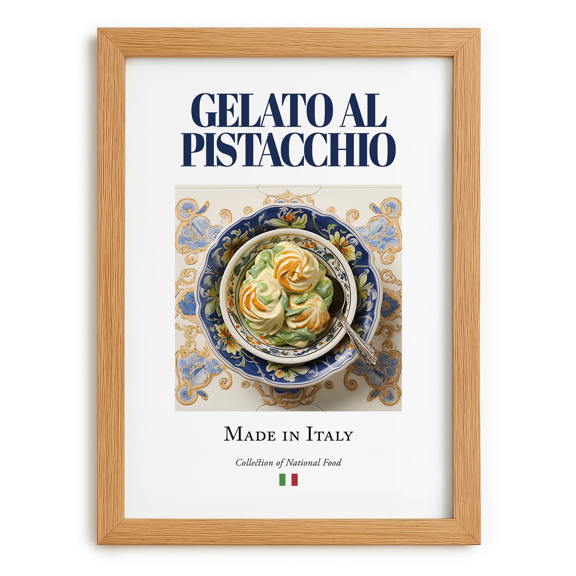 Gelato al pistacchio – Italian Dessert Dish, Brasserie Print, set in oak frame